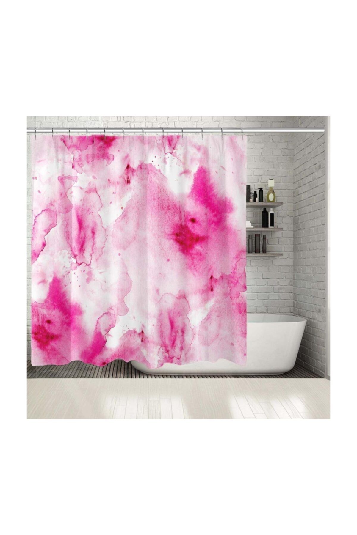 Henge Home Baskılı Duş Perde Sulu Boya Etkili Pembe Desenli