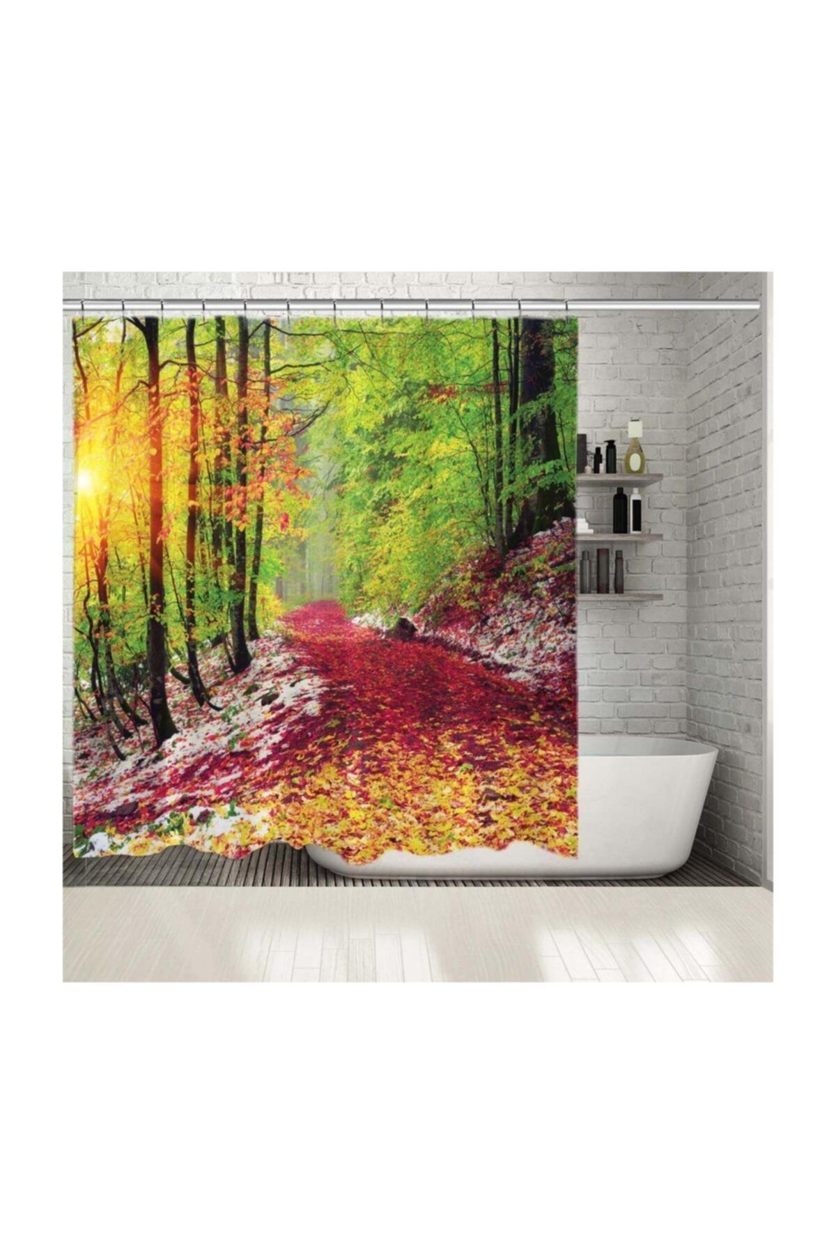 Henge Home Baskılı Duş Perde Romantik Kırmızı Sarı Sonbahar Yapraklı Yol