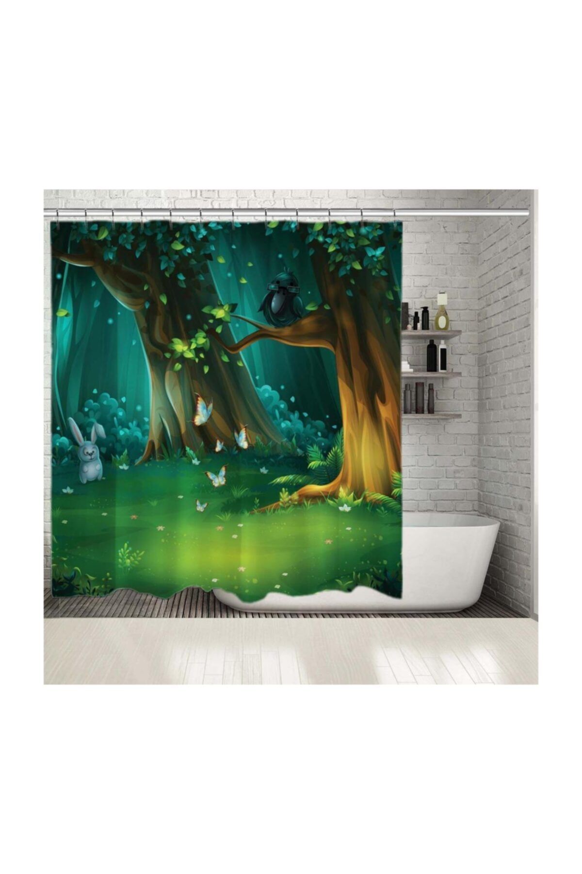 Henge Home Baskılı Duş Perde Çocuklar İçin Fantastik Orman Ağaç Desenli