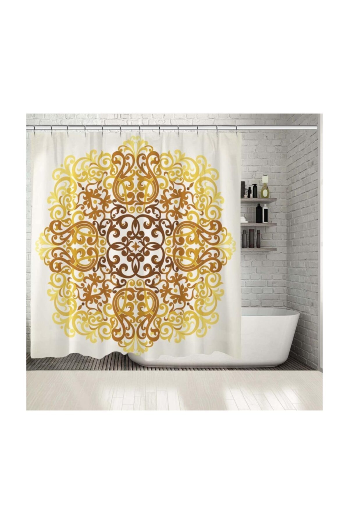 Henge Home Baskılı Duş Perde Yuvarlak Motif Desenli Altın Rengi Gold