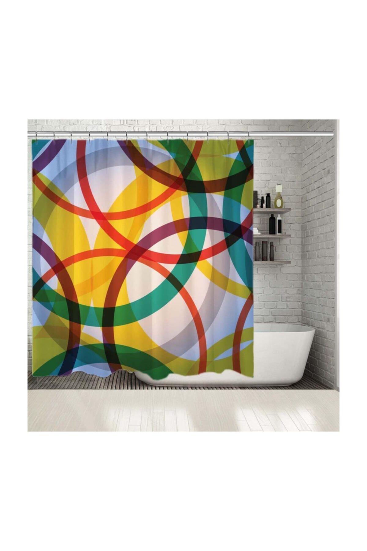 Henge Home Baskılı Duş Perde Renkli Geometrik Desenli Sarı Yeşil Kırmızı