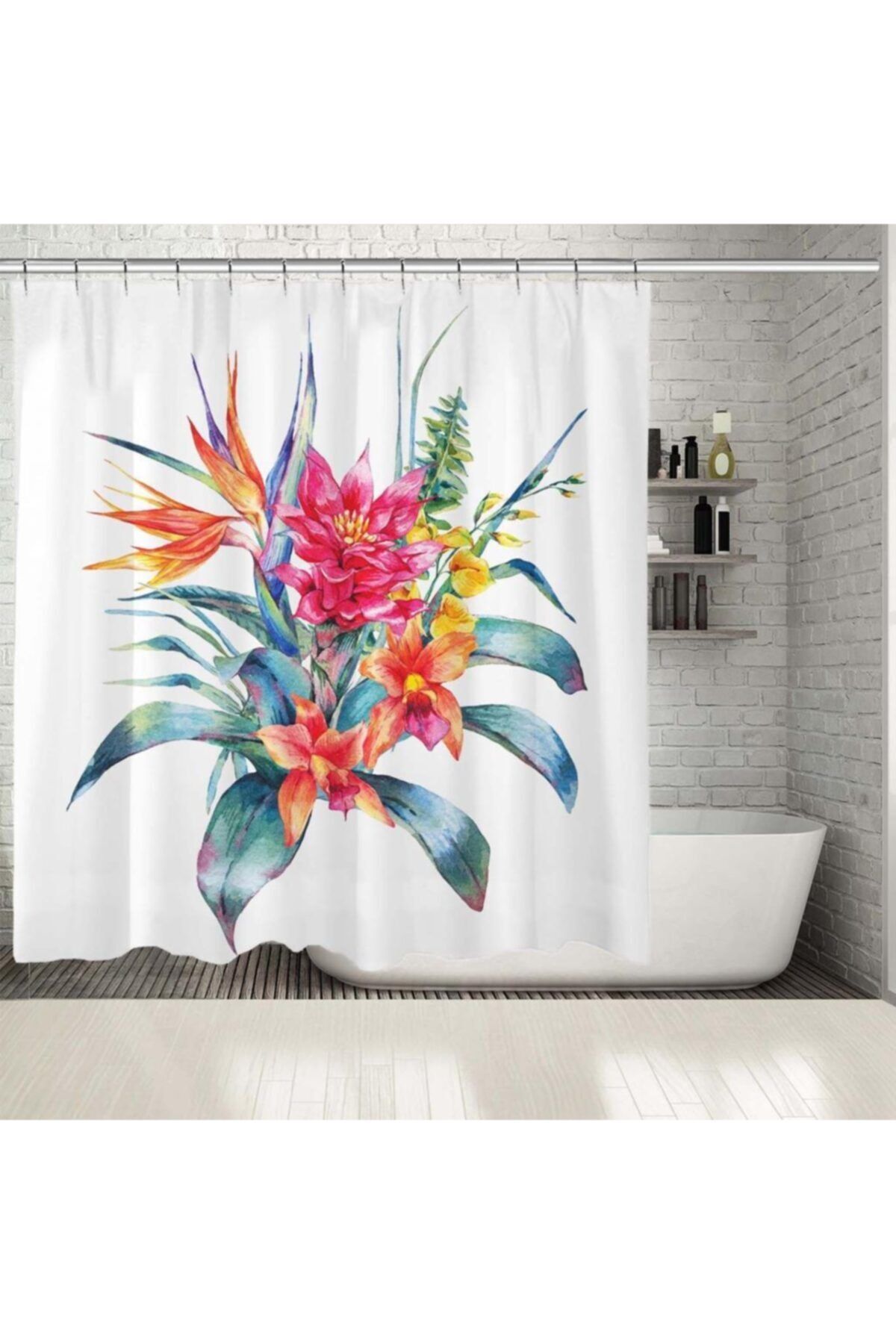 Henge Home Baskılı Duş Perde Tropikal Egzotik Çiçek Desen Sarı Turuncu