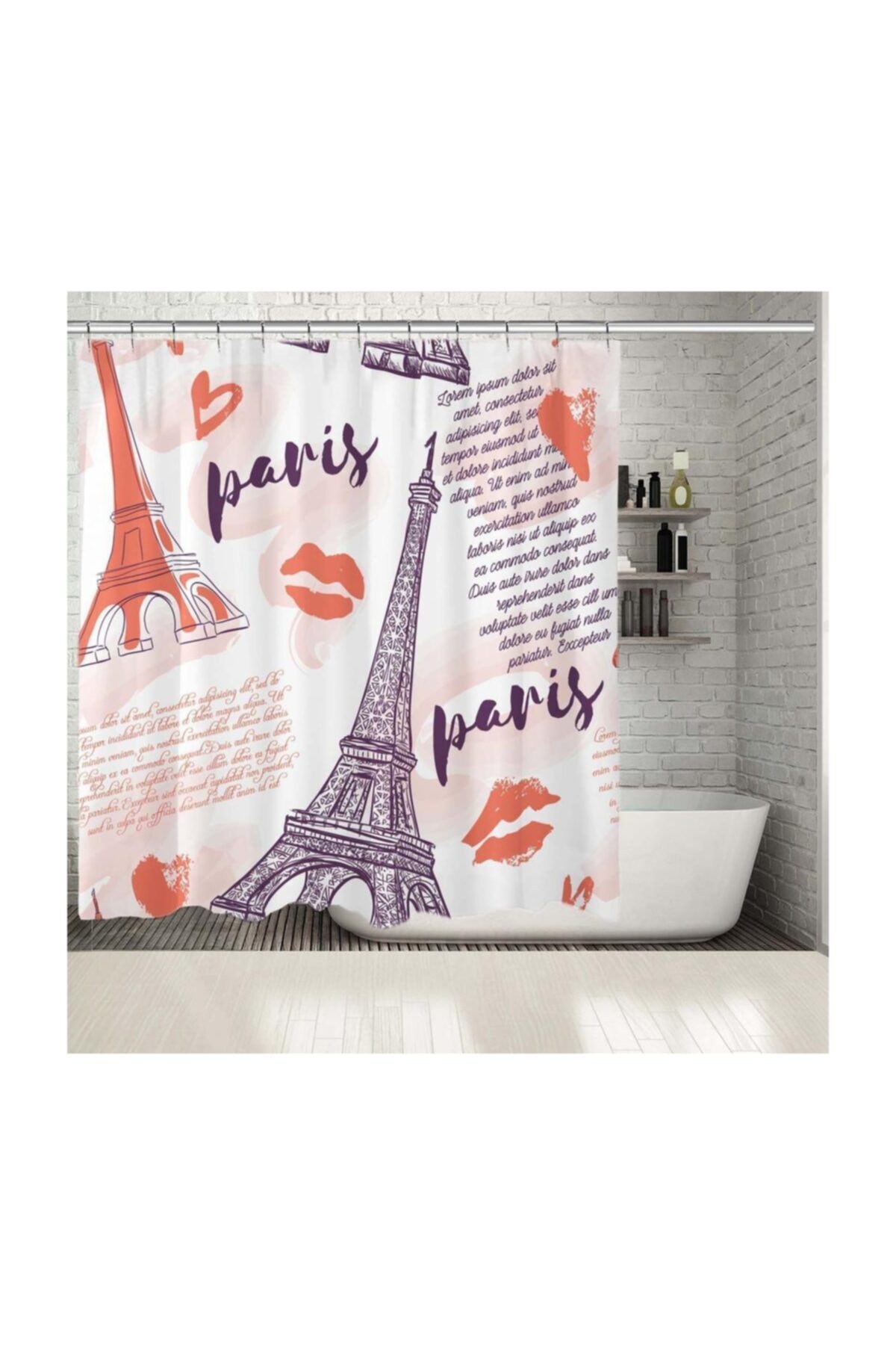 Henge Home Baskılı Duş Perde Paris Desenli Dudak Turuncu Mor