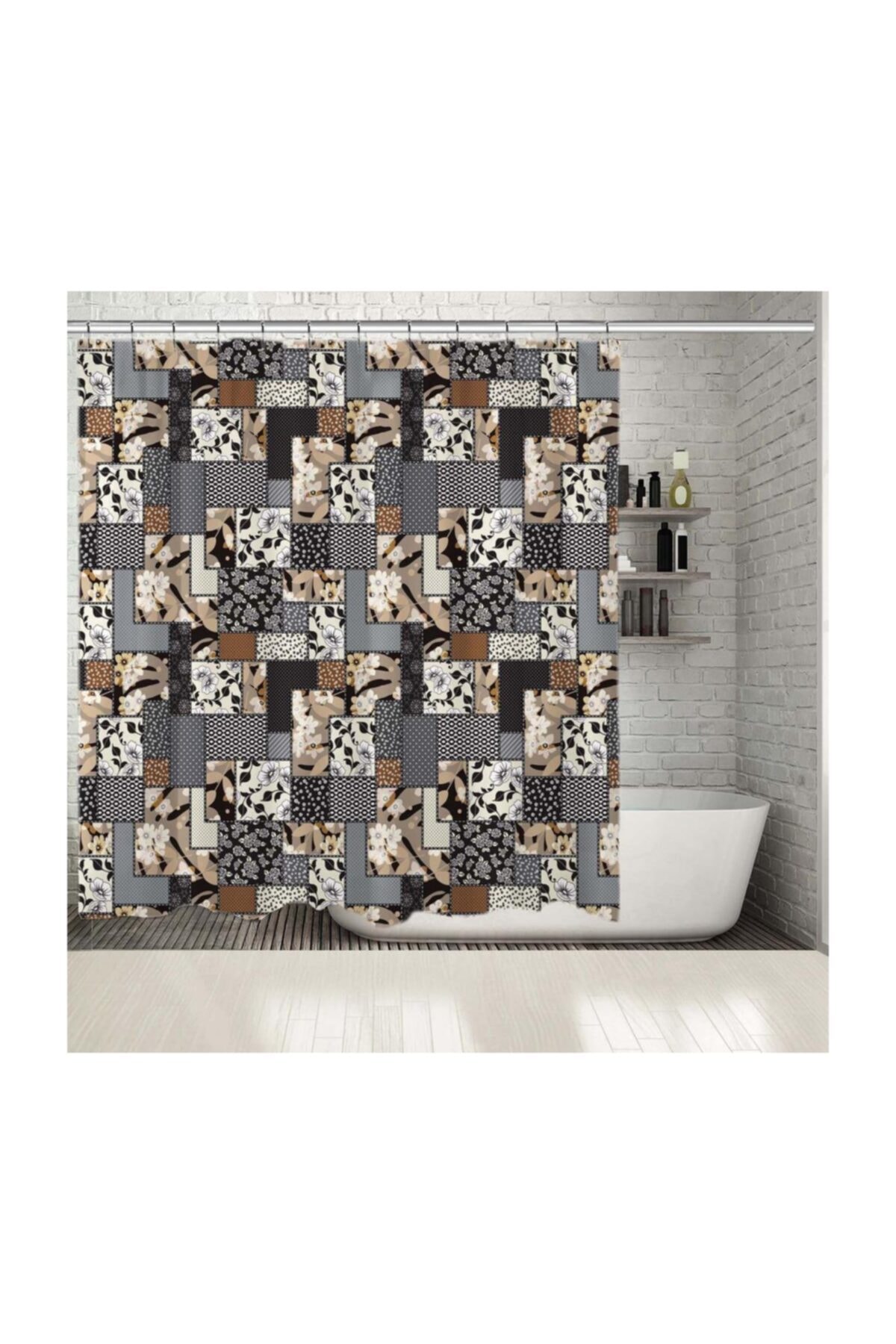 Henge Home Baskılı Duş Perde Etnik Çiçek Geometrik Desenli Kahverengi