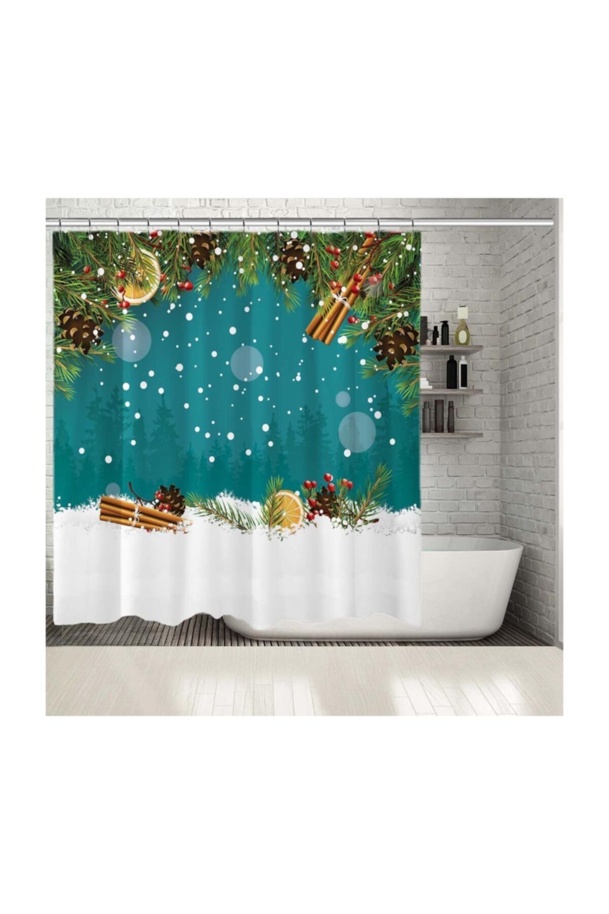 Henge Home Baskılı Duş Perde Noel Ağacı Temalı Yeşil Kar Çam Desenli