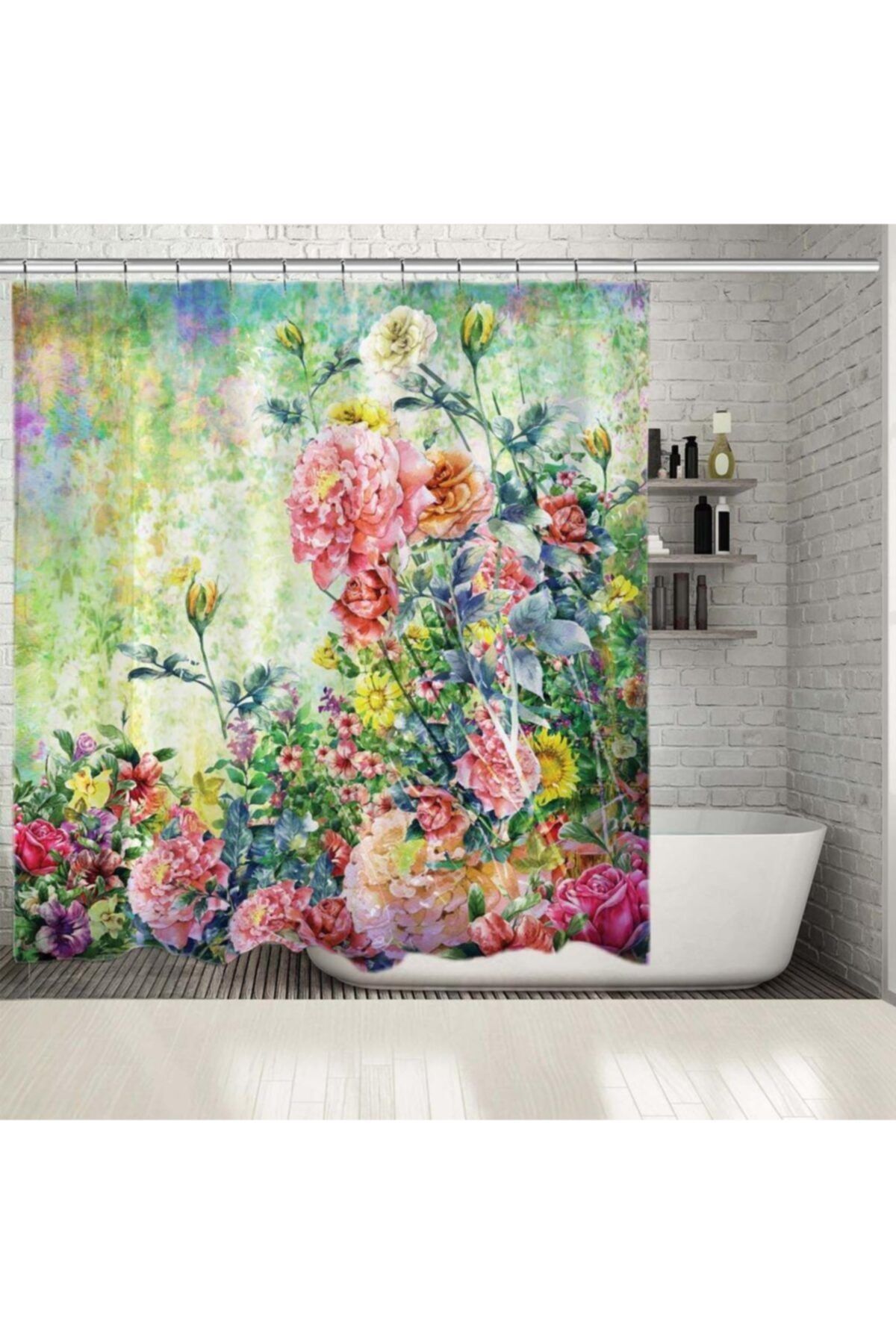 Henge Home Baskılı Duş Perde Bahar Renkli Çiçek Desenli