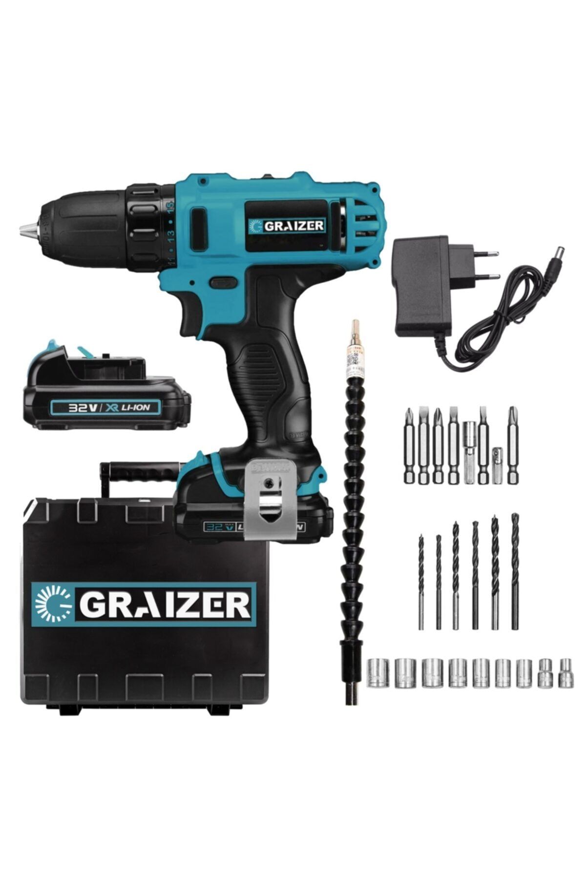 Graizer Alman 32 V 5 Ah Darbeli Sjs Çift Metal Şanzuman Çift Akülü Şarjlı Vidalama Matkap + 24 Parça Set