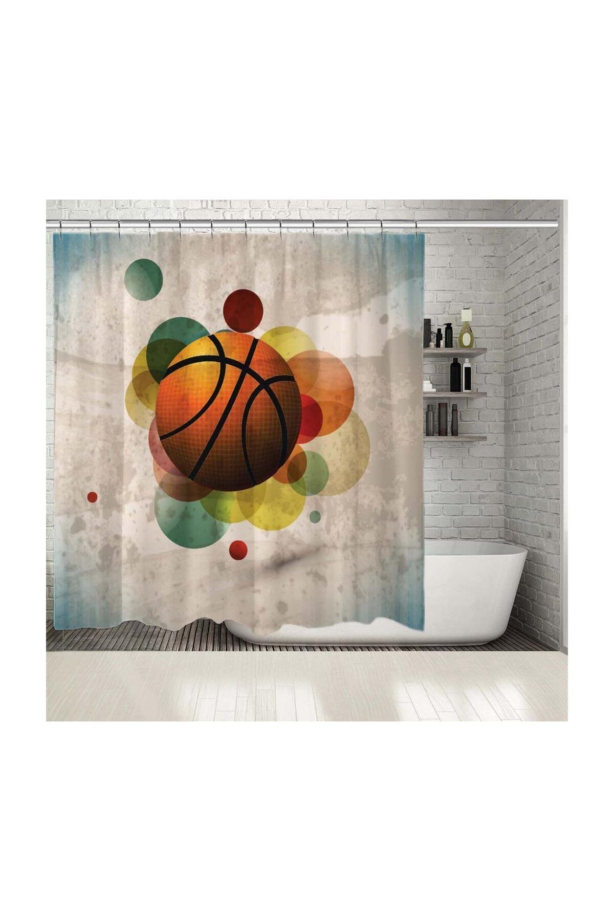 Henge Home Baskılı Duş Perde Renkli Baloncuk Basketbol Desen Kırmızı
