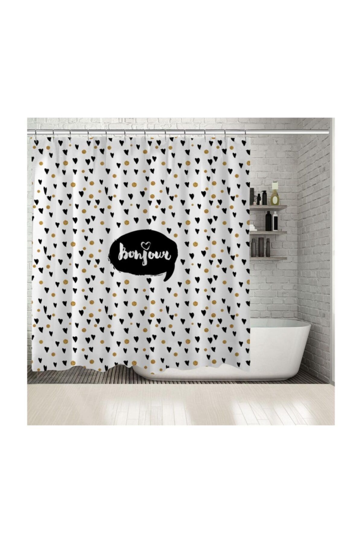 Henge Home Baskılı Duş Perde Merhaba Yazılı Altın Benekli Kalp Desenli