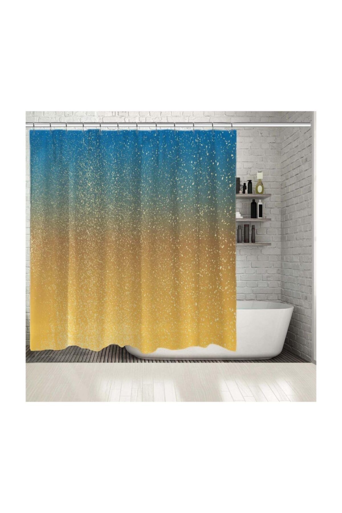 Henge Home Baskılı Duş Perde Sarı Mavi Ombre Desenli Benekli