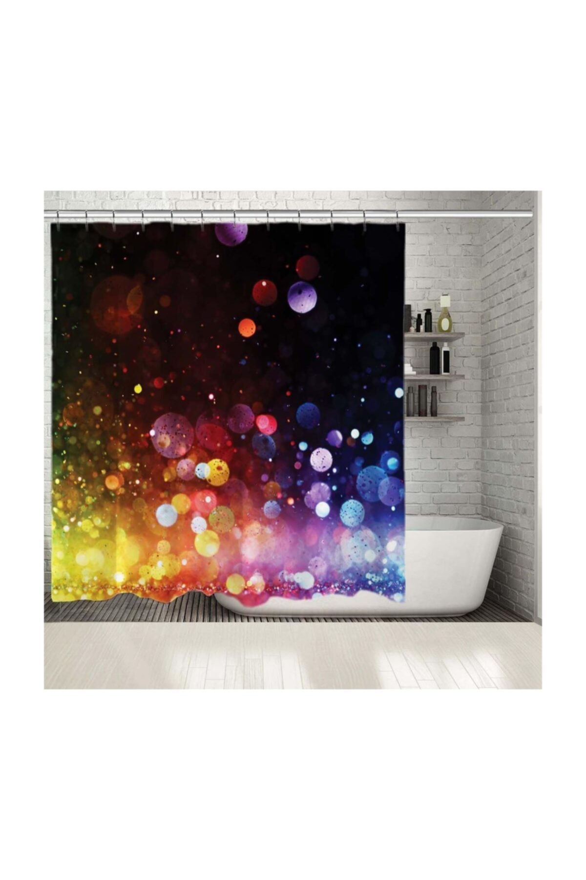 Henge Home Baskılı Duş Perde Baloncuk Mavi Kırmızı Sarı Renk Deseni