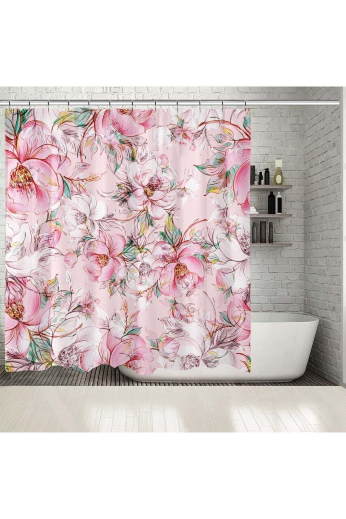 Henge Home Baskılı Duş Perde Pembe Gül Çiçek Desenli