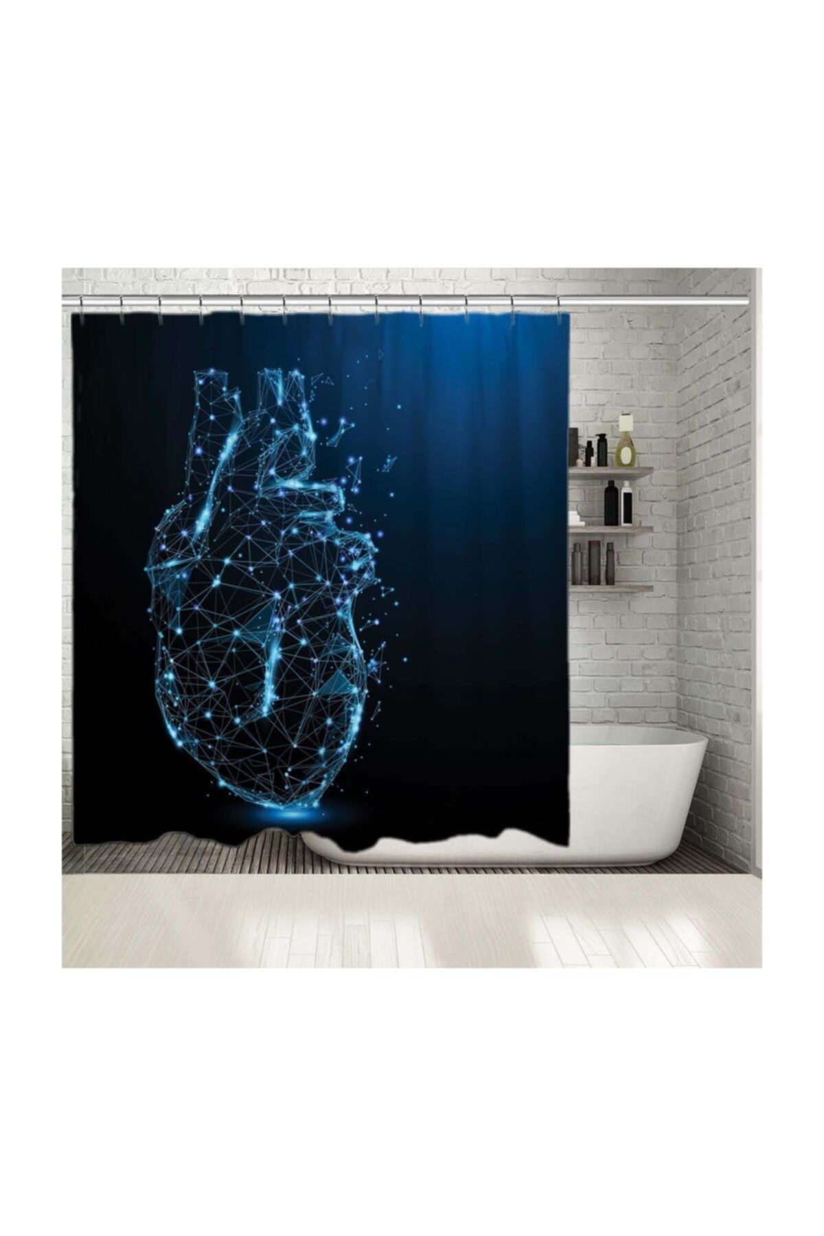 Henge Home Baskılı Duş Perde Geometrik Kalp Işıltılı Nokta Desenli Mavi