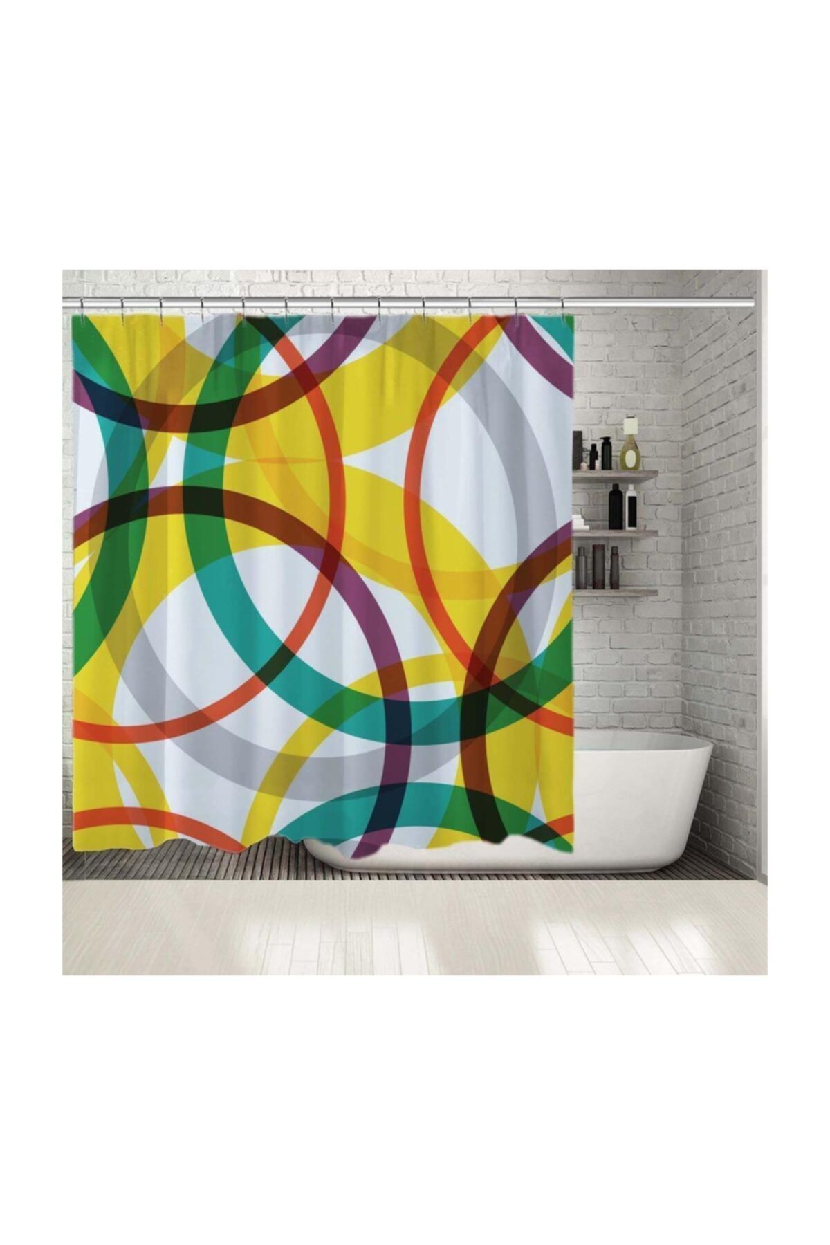 Henge Home Baskılı Duş Perde Renkli Geometrik Desenli Sarı Yeşil Turuncu