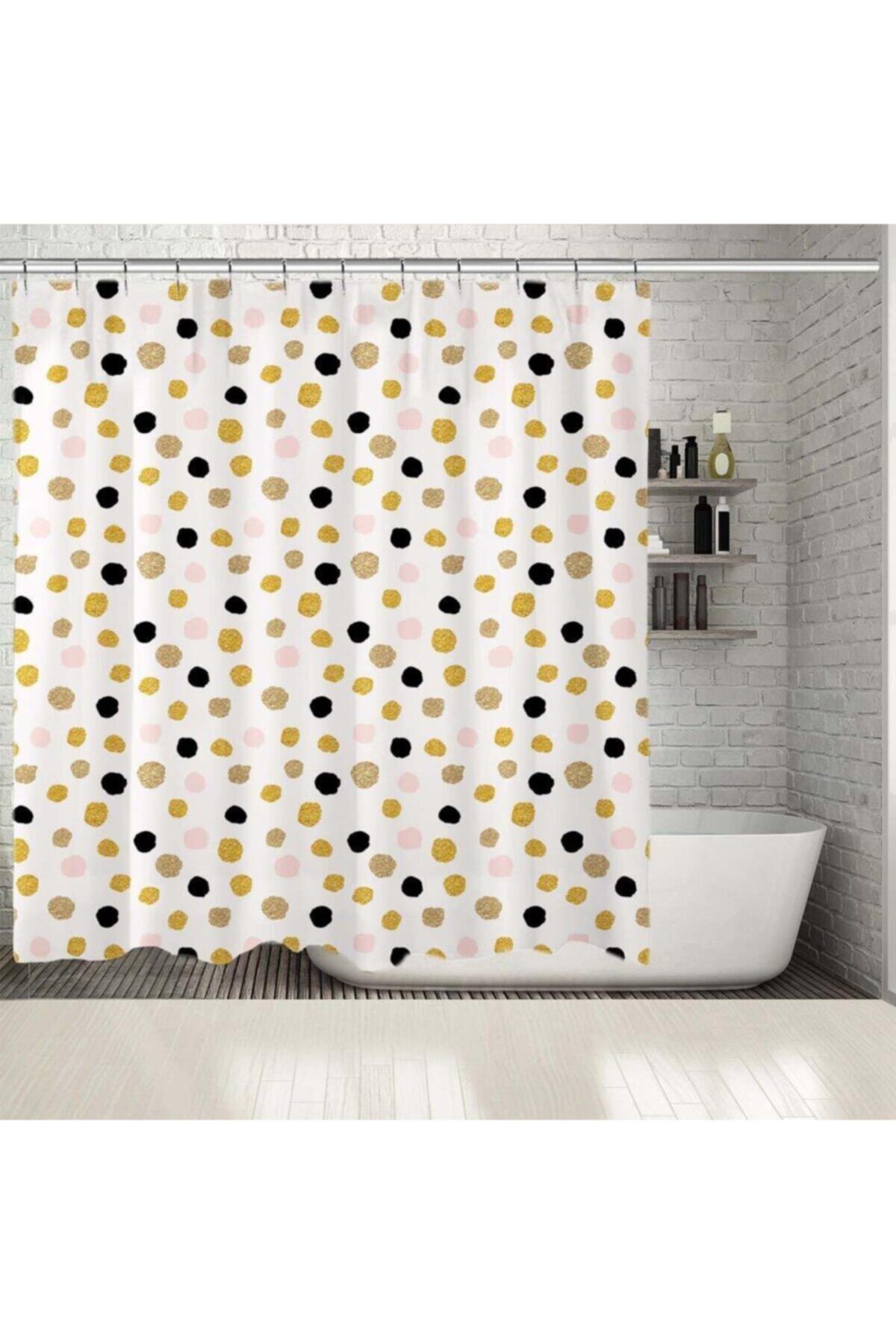 Henge Home Baskılı Duş Perde Altın Siyah ve Pembe Noktalı Dekoratif