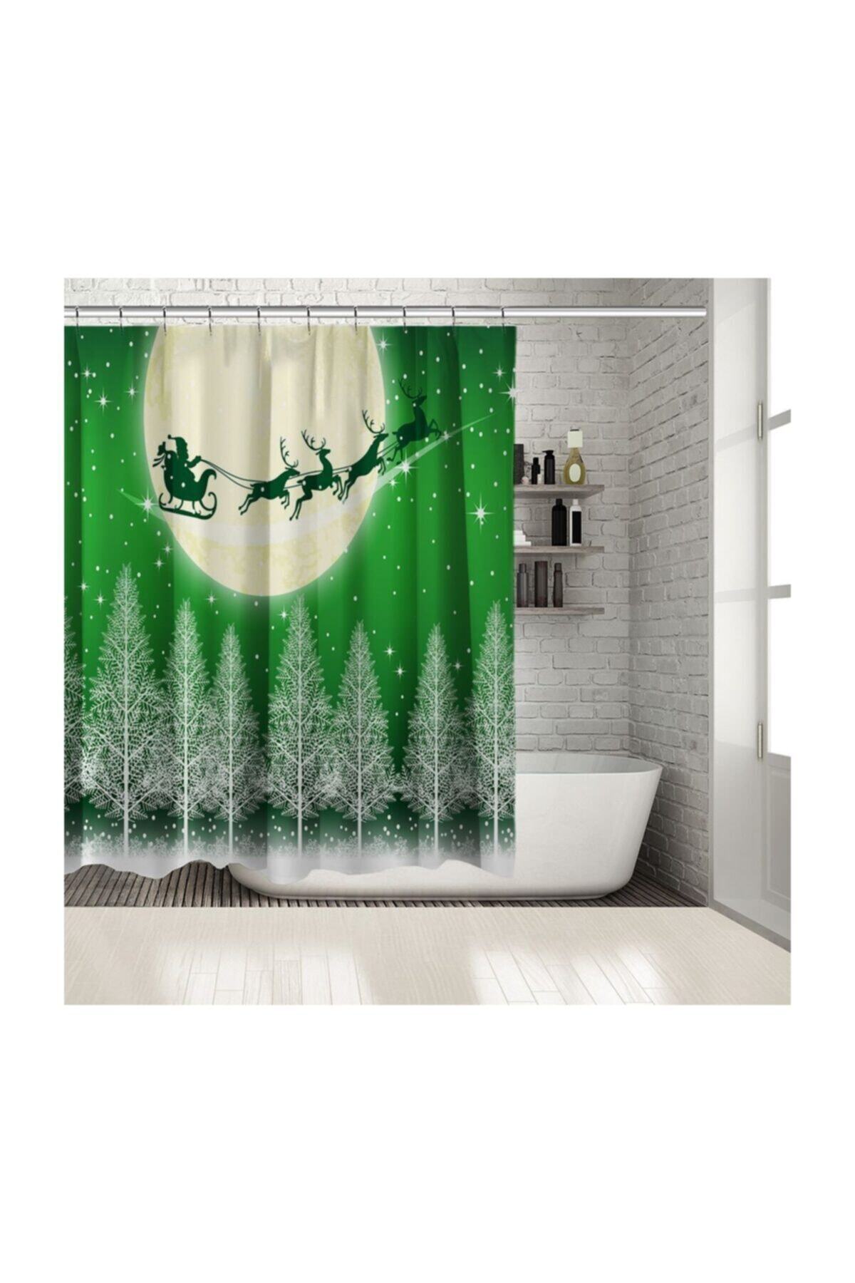 Henge Home Baskılı Duş Perde Yeşil Gece Ay Işığında Ağaçlar Üzerinde Uçan Kızaklı Noel Baba