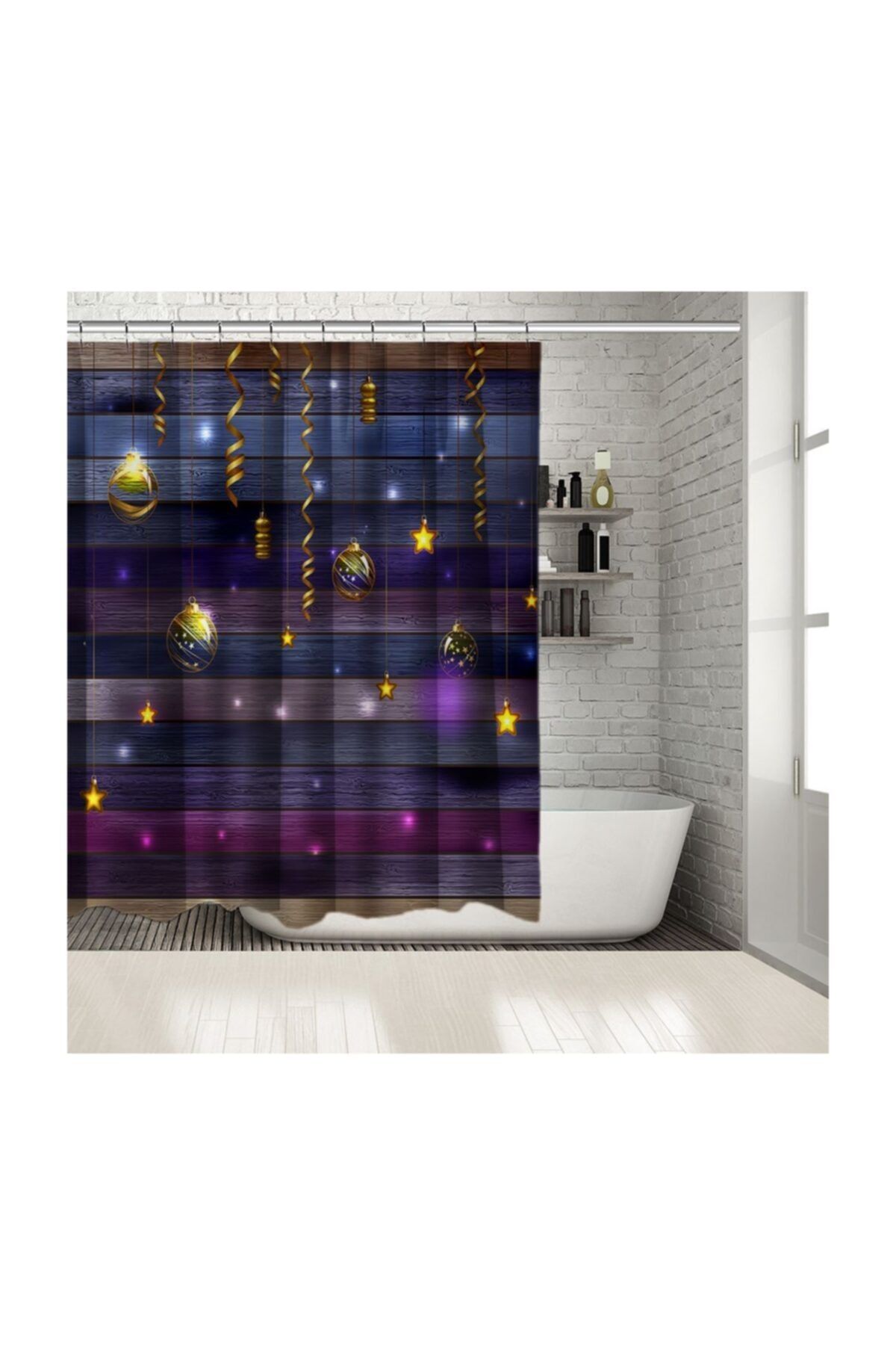 Henge Home Baskılı Duş Perde Ahşap Desenli Noel Süsleri Yeniyıl Temalı Mavi