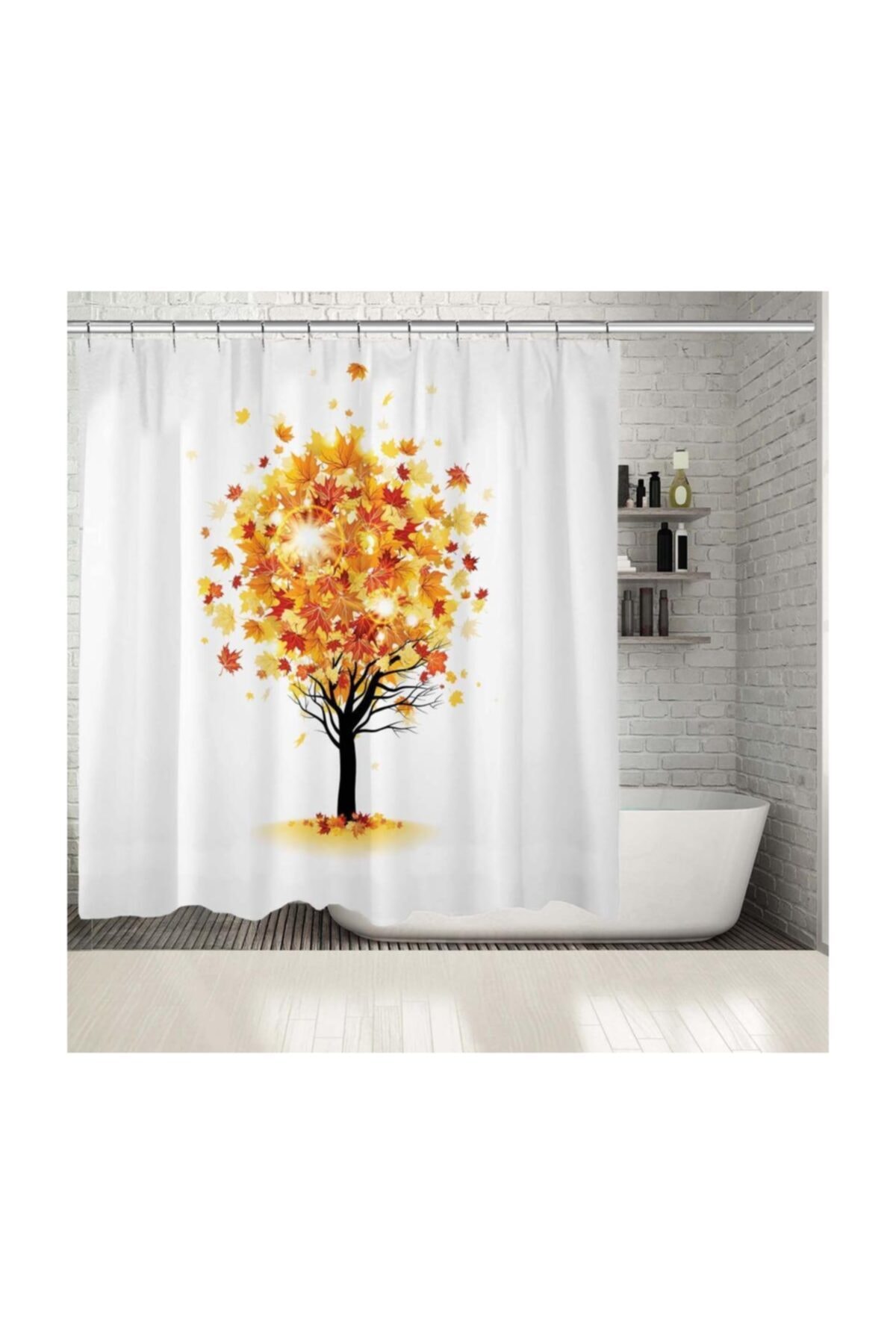 Henge Home Baskılı Duş Perde Parıltılı Altın Sonbahar Ağaç Desenli