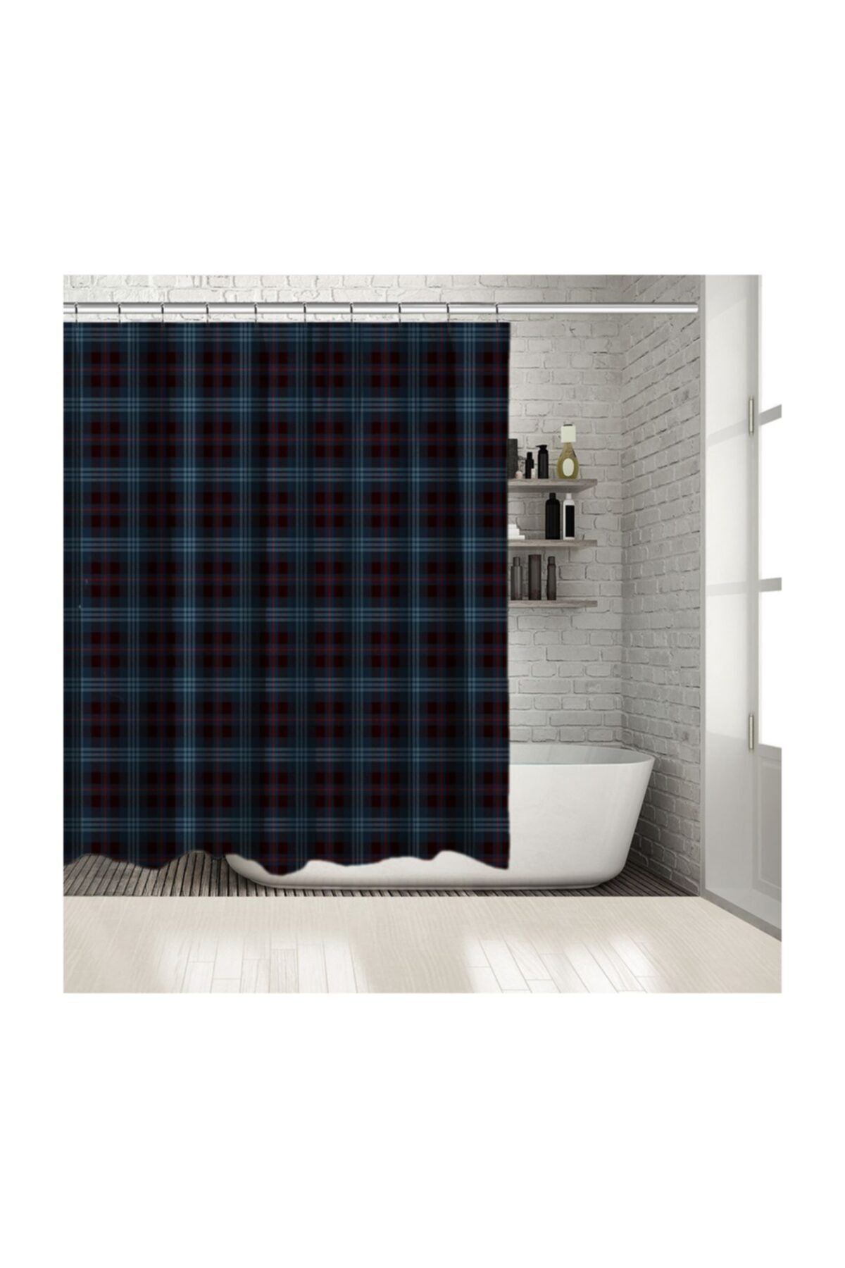 Henge Home Baskılı Duş Perde Noel Mavi Bordo Kırmızı İskoç Tartan Ekose Desenli