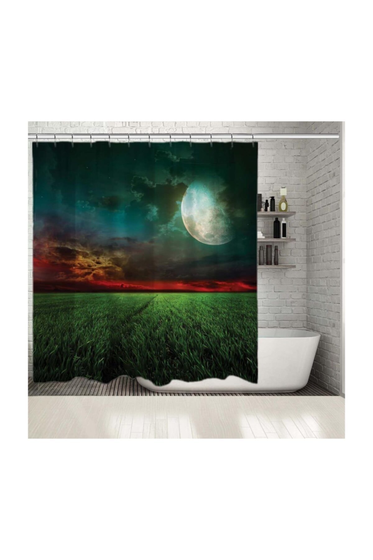 Henge Home Baskılı Duş Perde Ay Işığı İle Gece Manzara Desenli