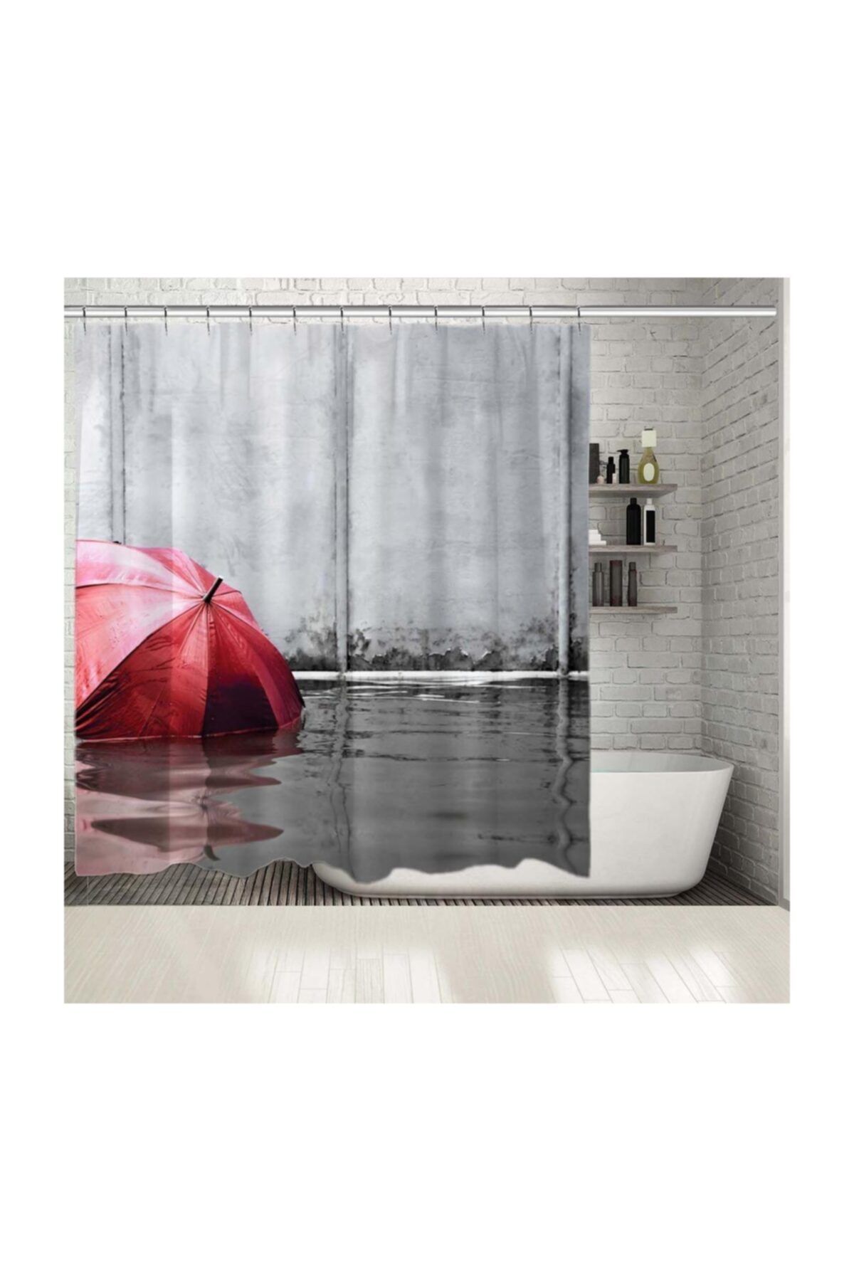 Henge Home Baskılı Duş Perde Kırmızı Şemsiye Siyah Beyaz Yağmurlu Gün