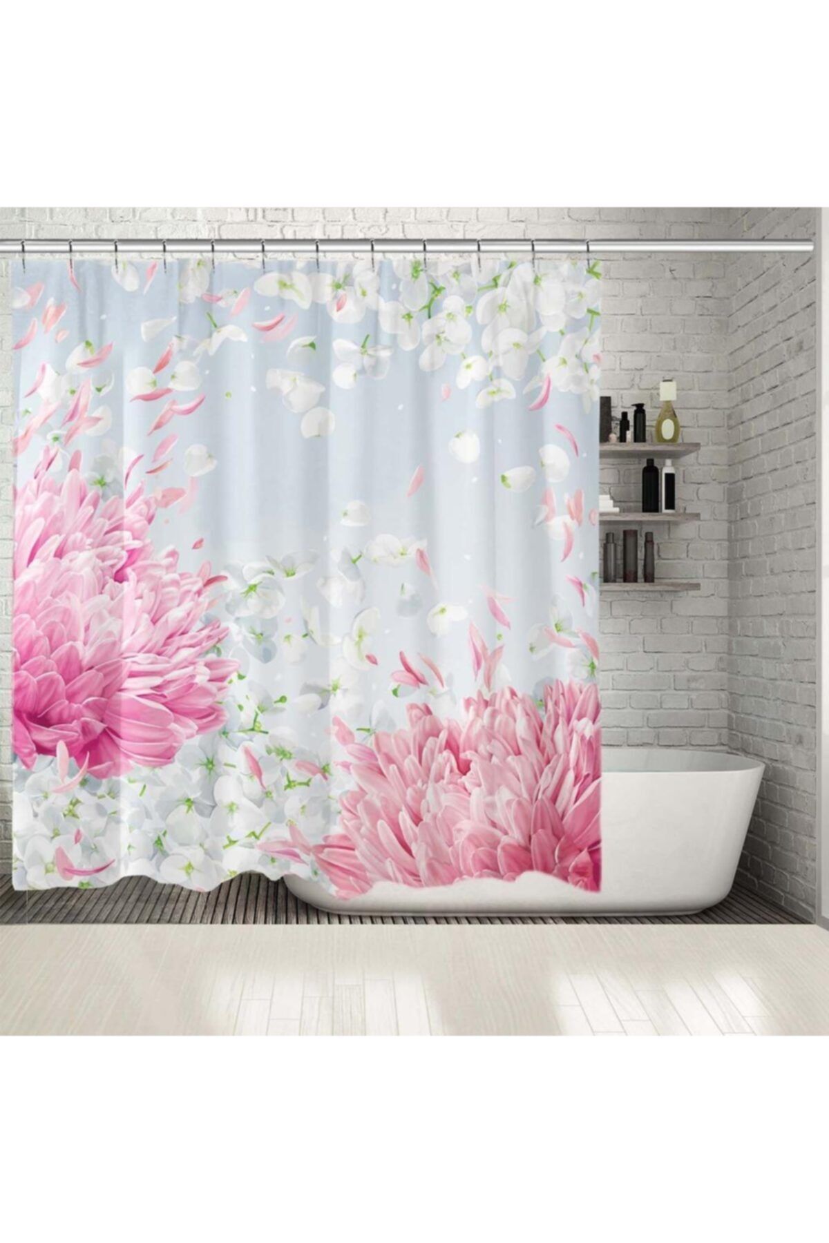 Henge Home Baskılı Duş Perde Elma Çiçeği Rüzgar Uçuşan Yaprak Desenli