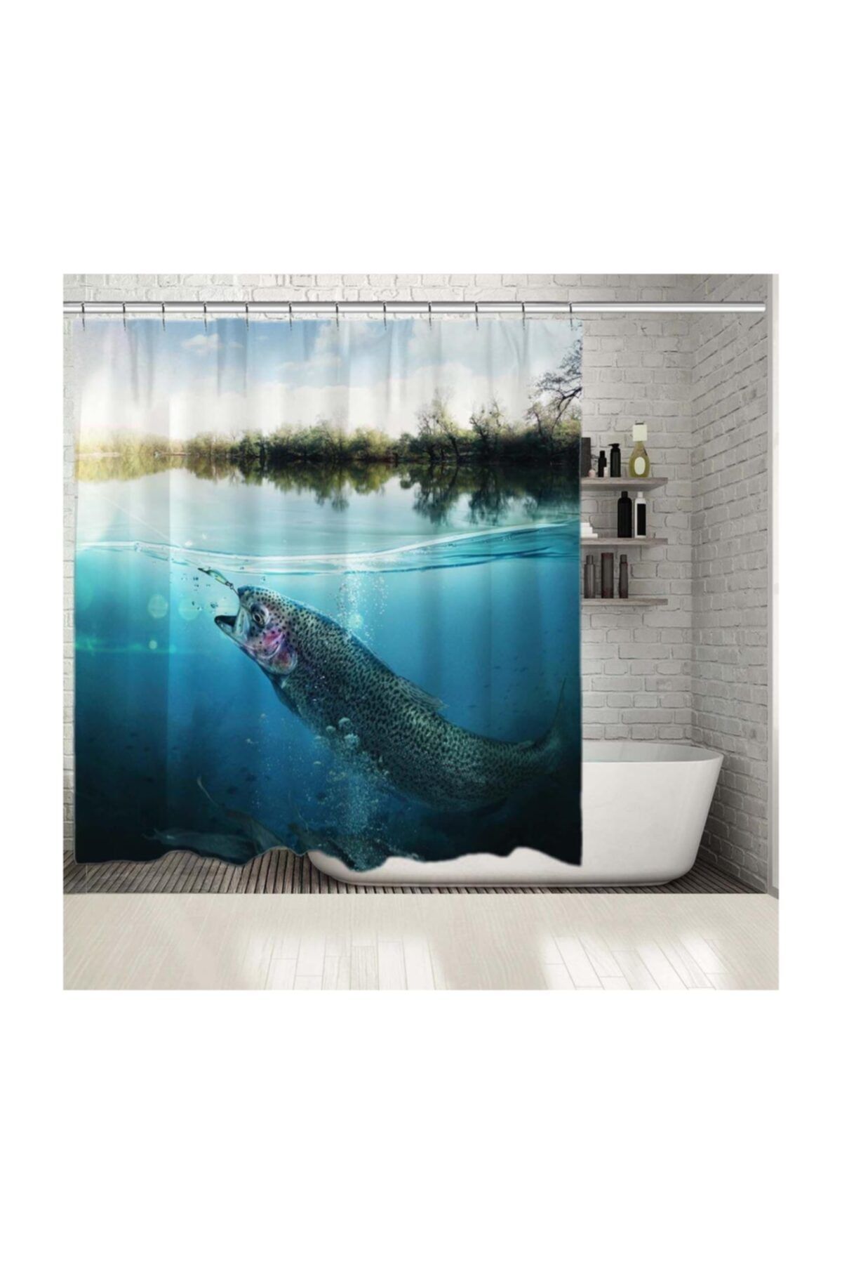 Henge Home Baskılı Duş Perde Göl Büyük Balık Deseni