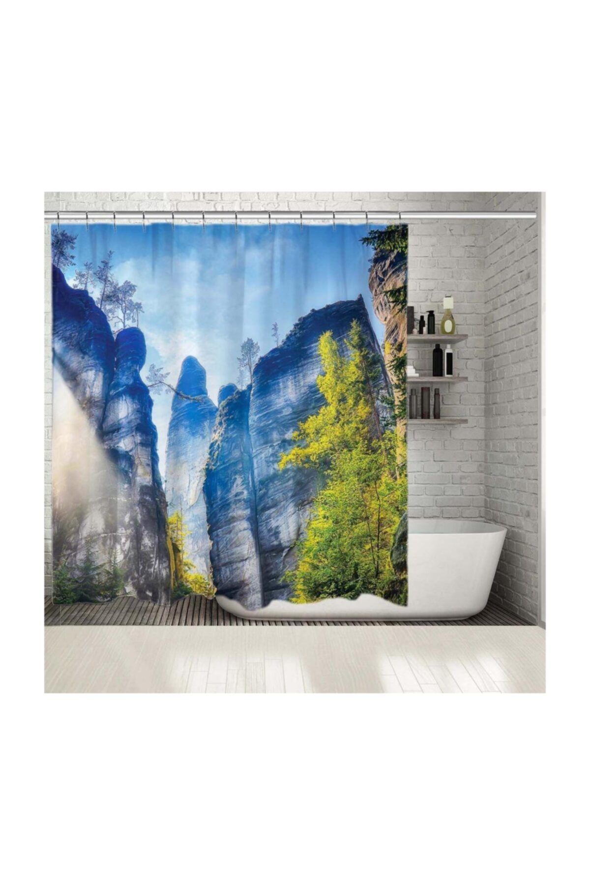 Henge Home Baskılı Duş Perde Manzara Dağ Orman Deseni