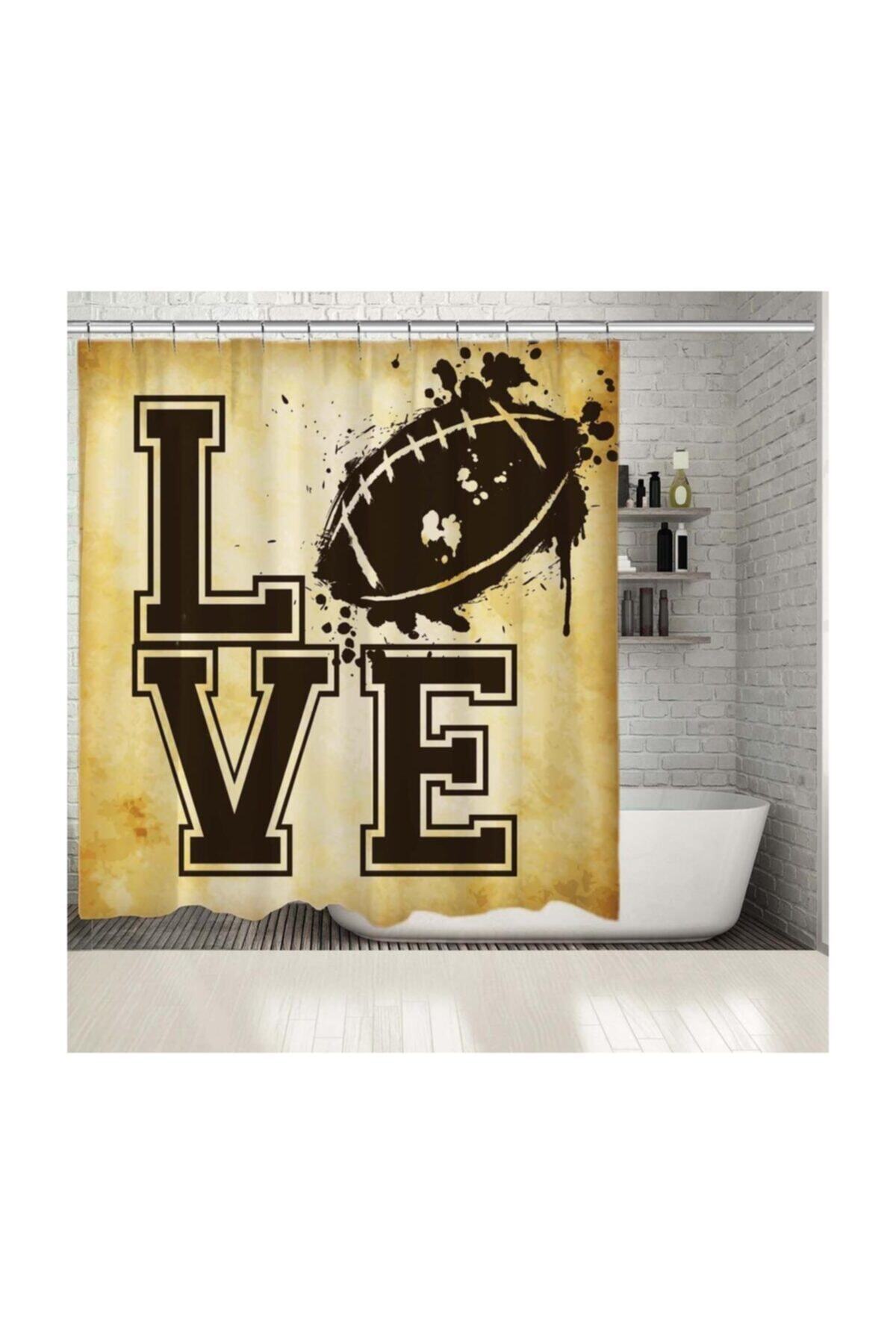 Henge Home Baskılı Duş Perde Sulu Boya Etkili Amerikan Topu Love Yazılı