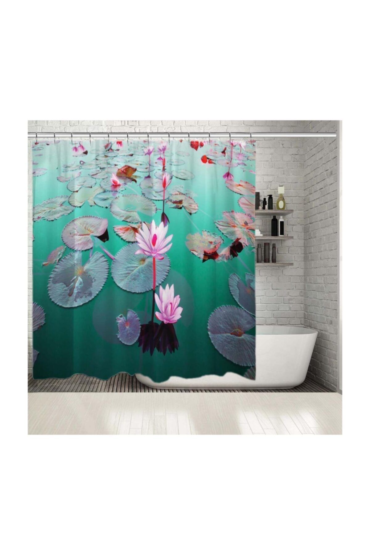 Henge Home Baskılı Duş Perde Göl Etkili Pembe Çiçek Desenli