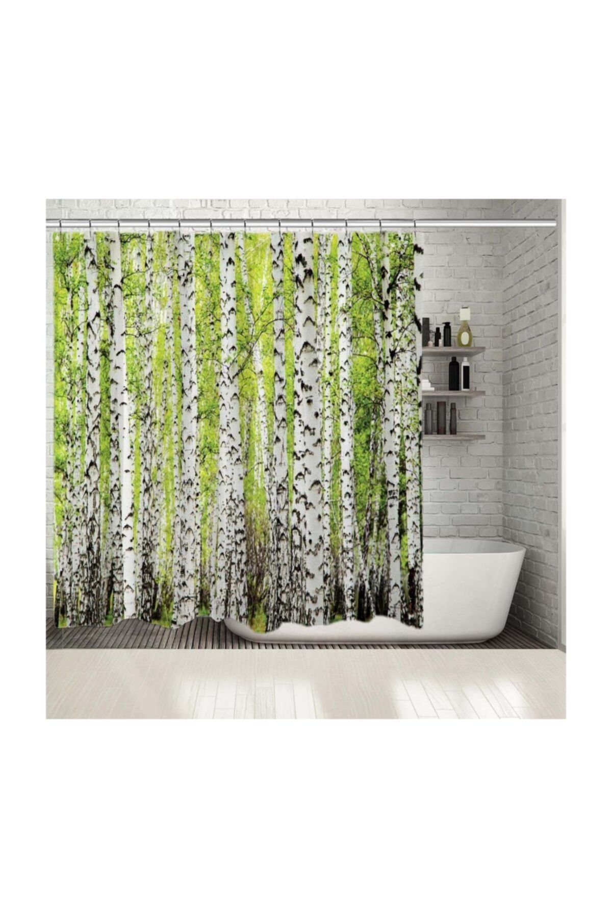 Henge Home Baskılı Duş Perde Doğa Ağaç Yeşil Yaprak Desenli