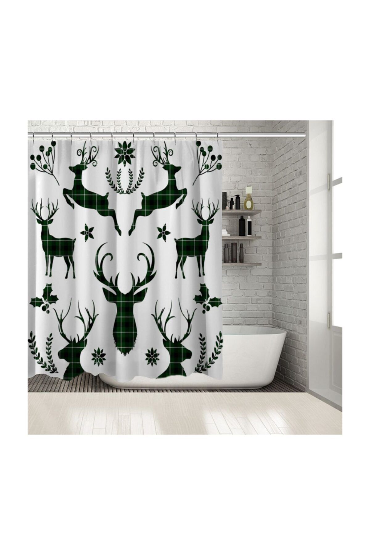 Henge Home Baskılı Duş Perde Noel Beyaz Üzerine Siyah Yeşil Ekose Geyik Desen