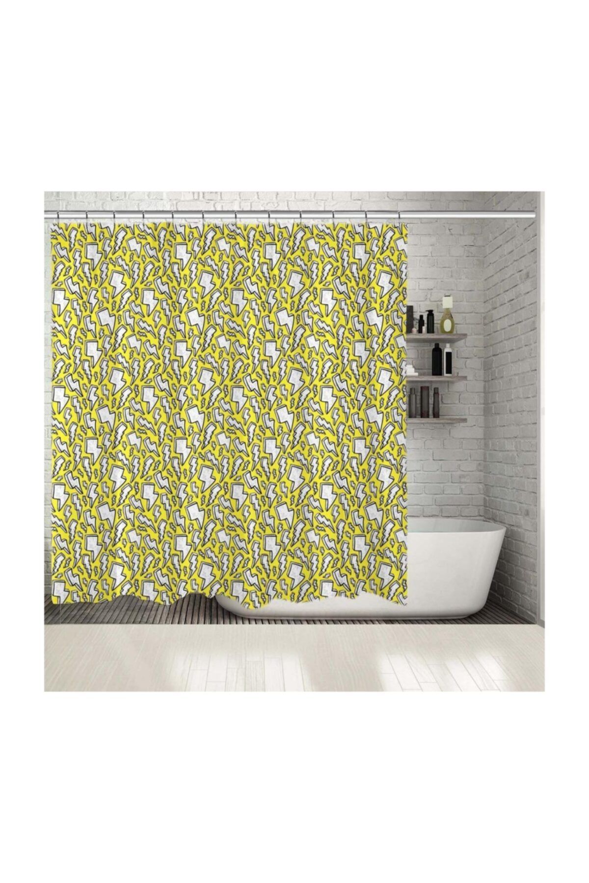 Henge Home Baskılı Duş Perde Sarı Pop-Art Sanatı Etkili Şimşek Desenli