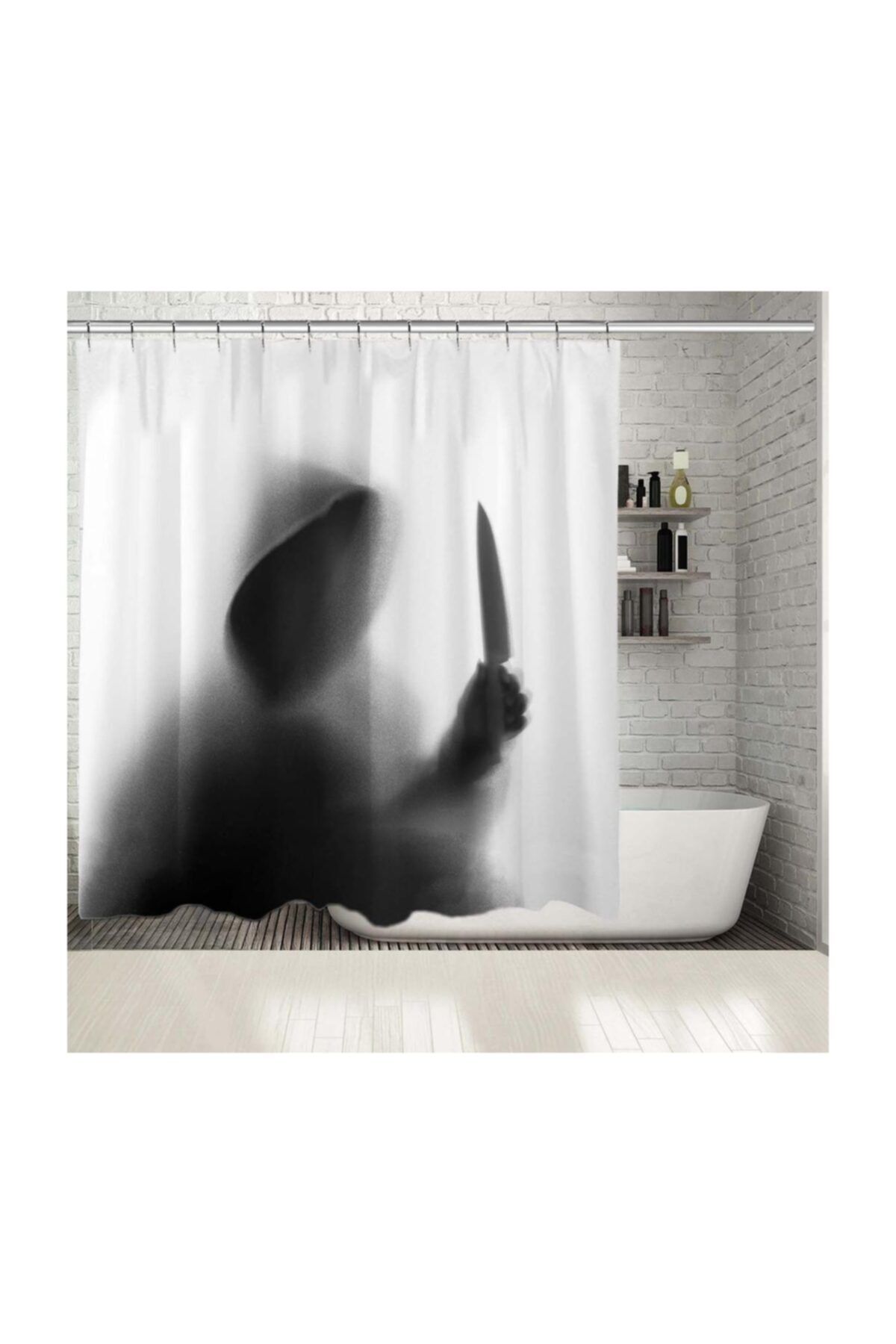 Henge Home Baskılı Duş Perde Korkunç Adam Bıçak Gölge Desenli Gri Siyah