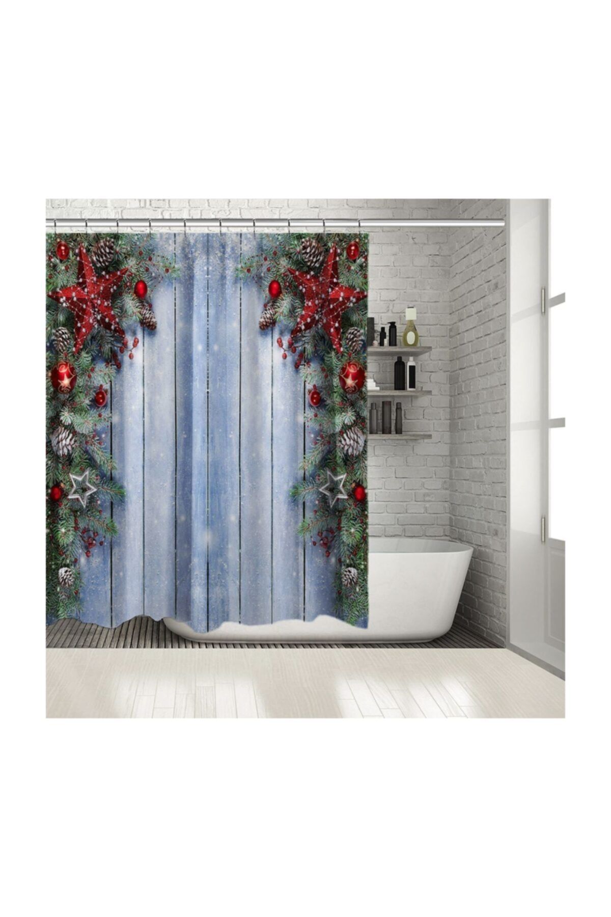 Henge Home Baskılı Duş Perde Mavi Ahşap Üzerine Kırmızı Yılbaşı Noel Topları