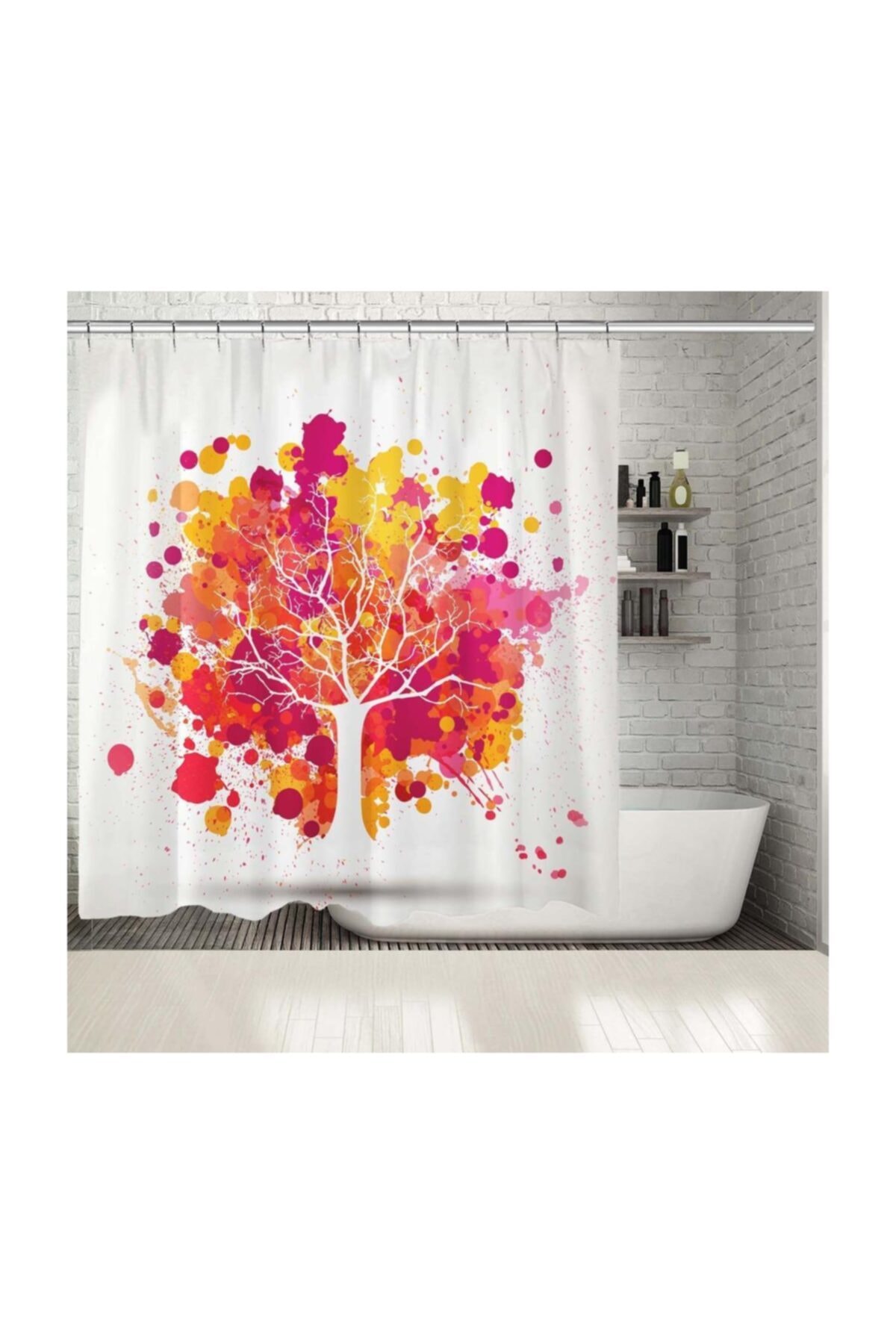 Henge Home Baskılı Duş Perde Pembe Turuncu Ağaç Sulu Boya Etkili Renkli