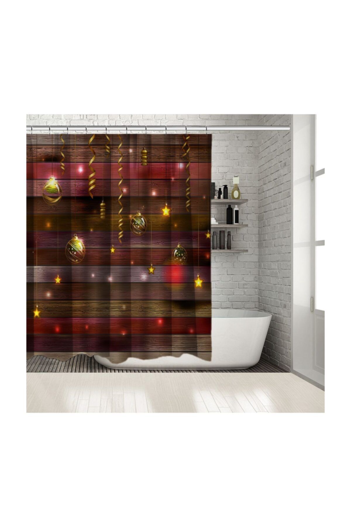 Henge Home Baskılı Duş Perde Ahşap Desenli Noel Yılbaşı Parti Temalı Kırmızı