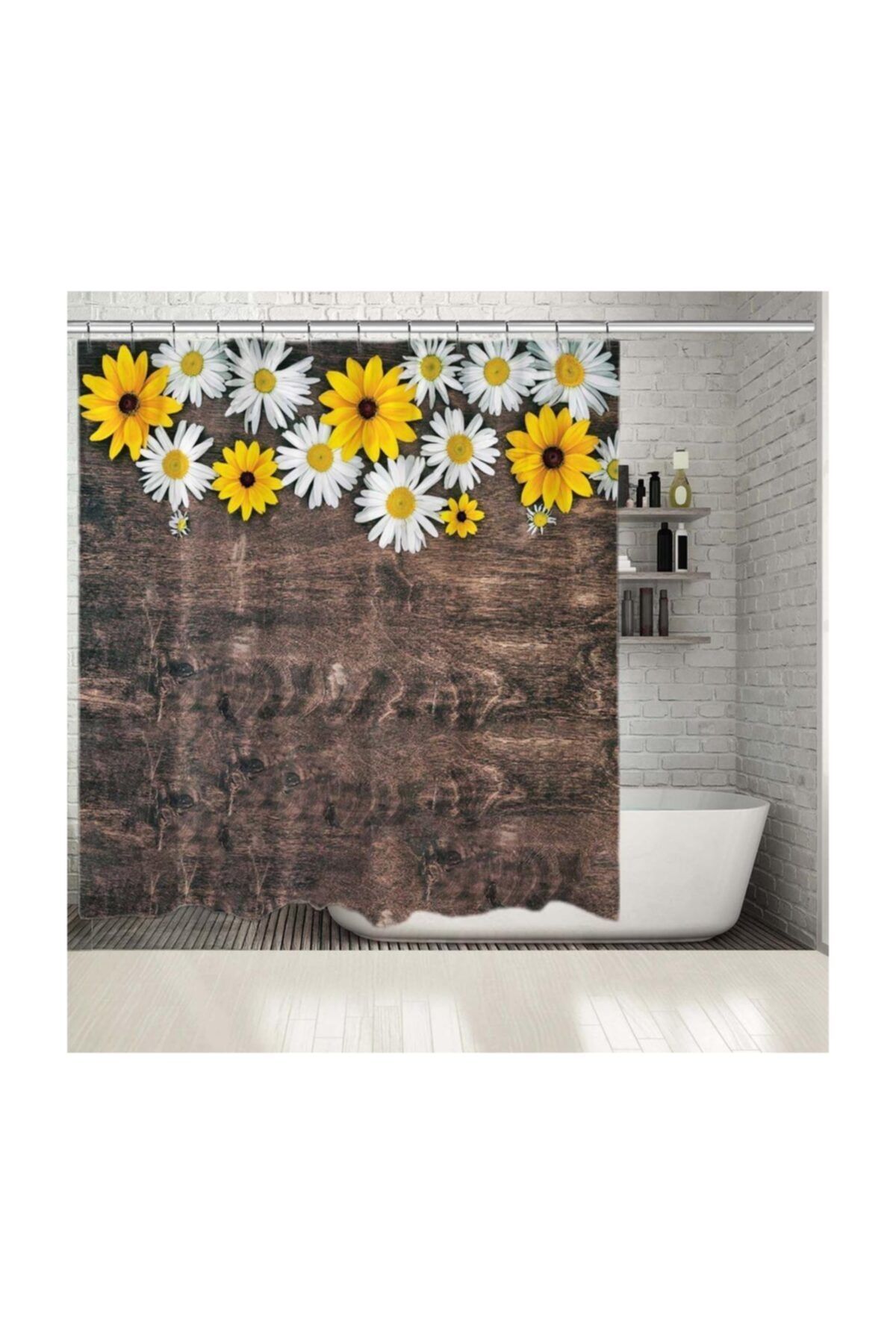 Henge Home Baskılı Duş Perde Koyu Ahşap Masa Papatya Desenli Kahverengi
