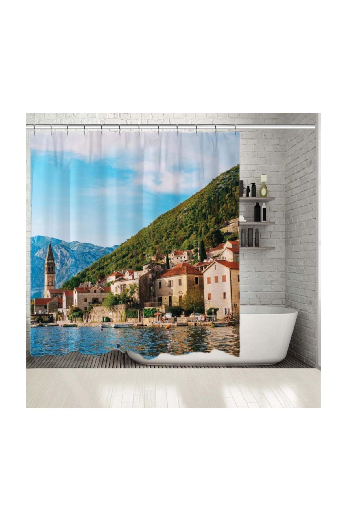 Henge Home Baskılı Duş Perde Göl Kenarı Manzaralı Kasaba Mavi Yeşil