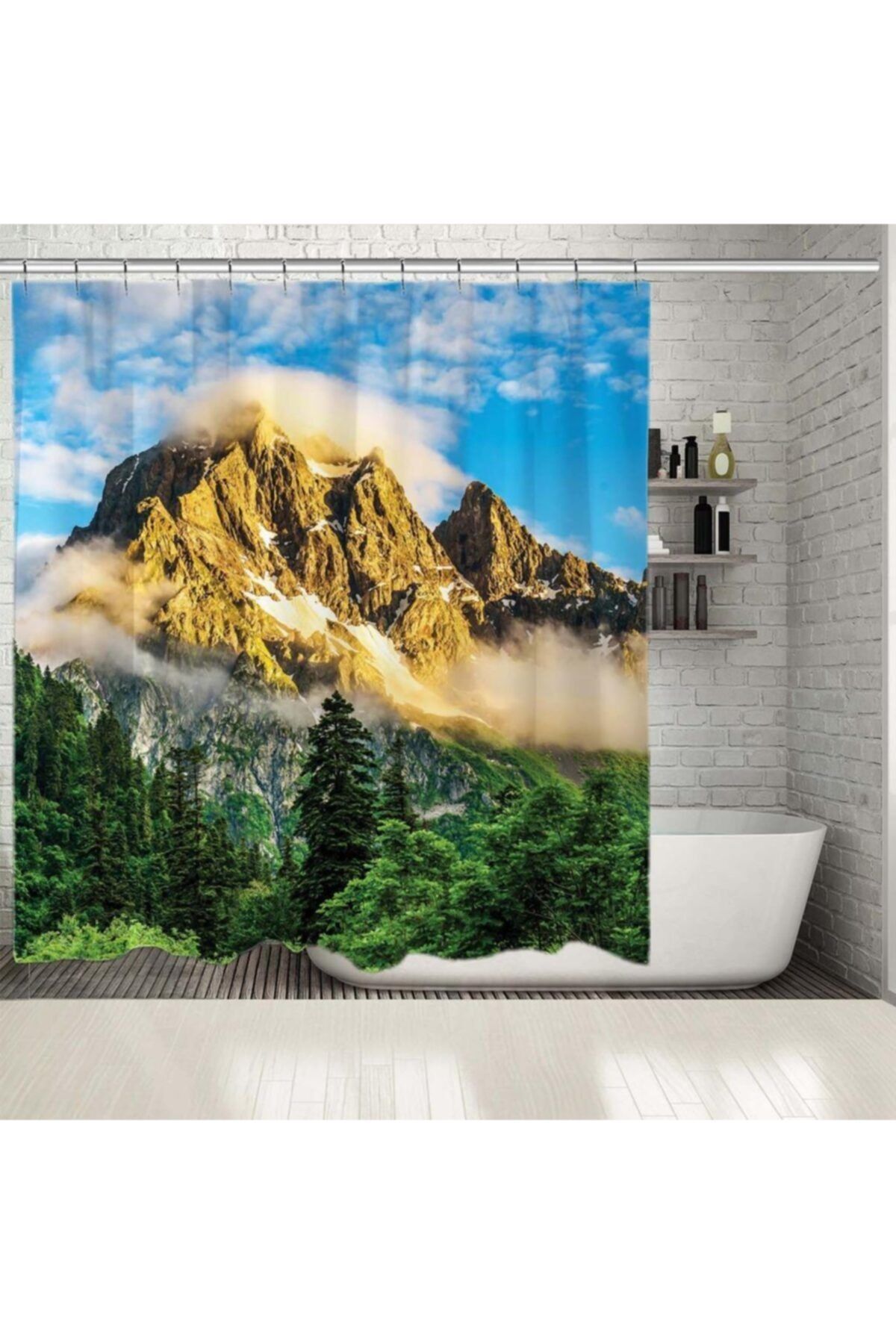 Henge Home Baskılı Duş Perde Doğa Manzaralı Dağ Gökyüzü Orman Deseni