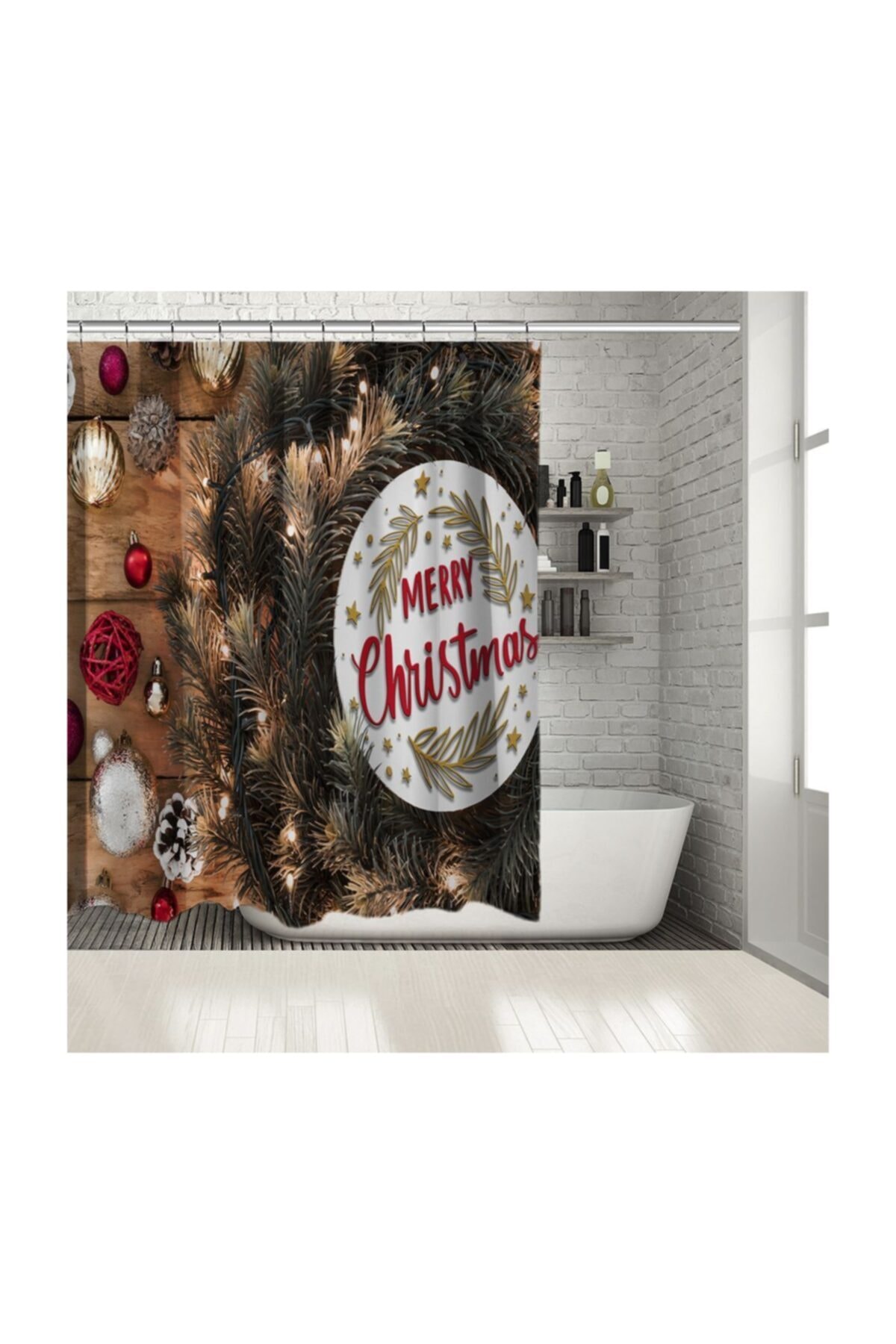 Henge Home Baskılı Duş Perde Ahşap Zeminli Mutlu Noeller Çelenkli Kırmızı Yılbaşı Süsleri