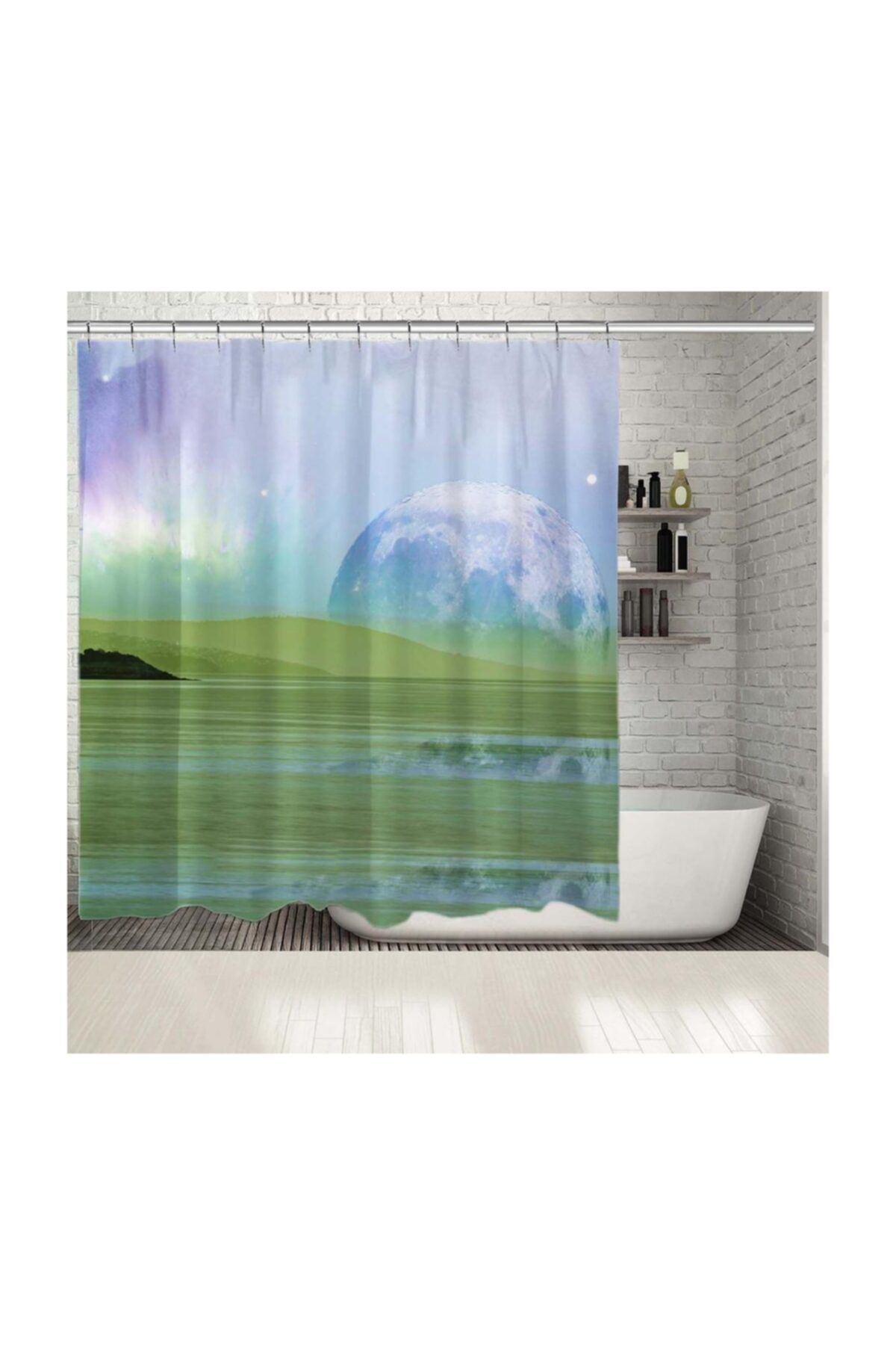 Henge Home Baskılı Duş Perde Mor Ve Yeşil Renk Ağırlıklı Ay Desenli