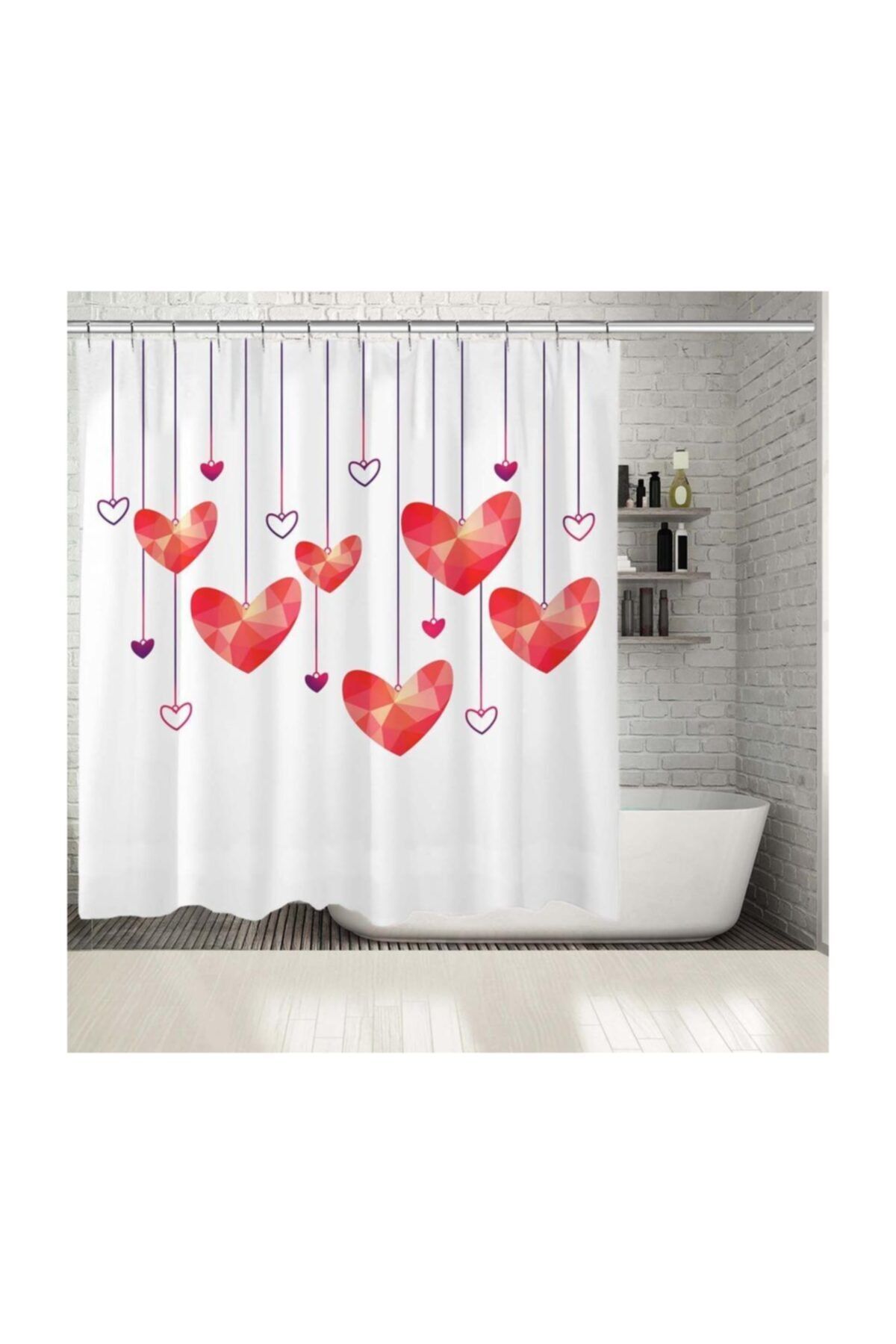 Henge Home Baskılı Duş Perde Sallanan Kalp Desenli Renkli