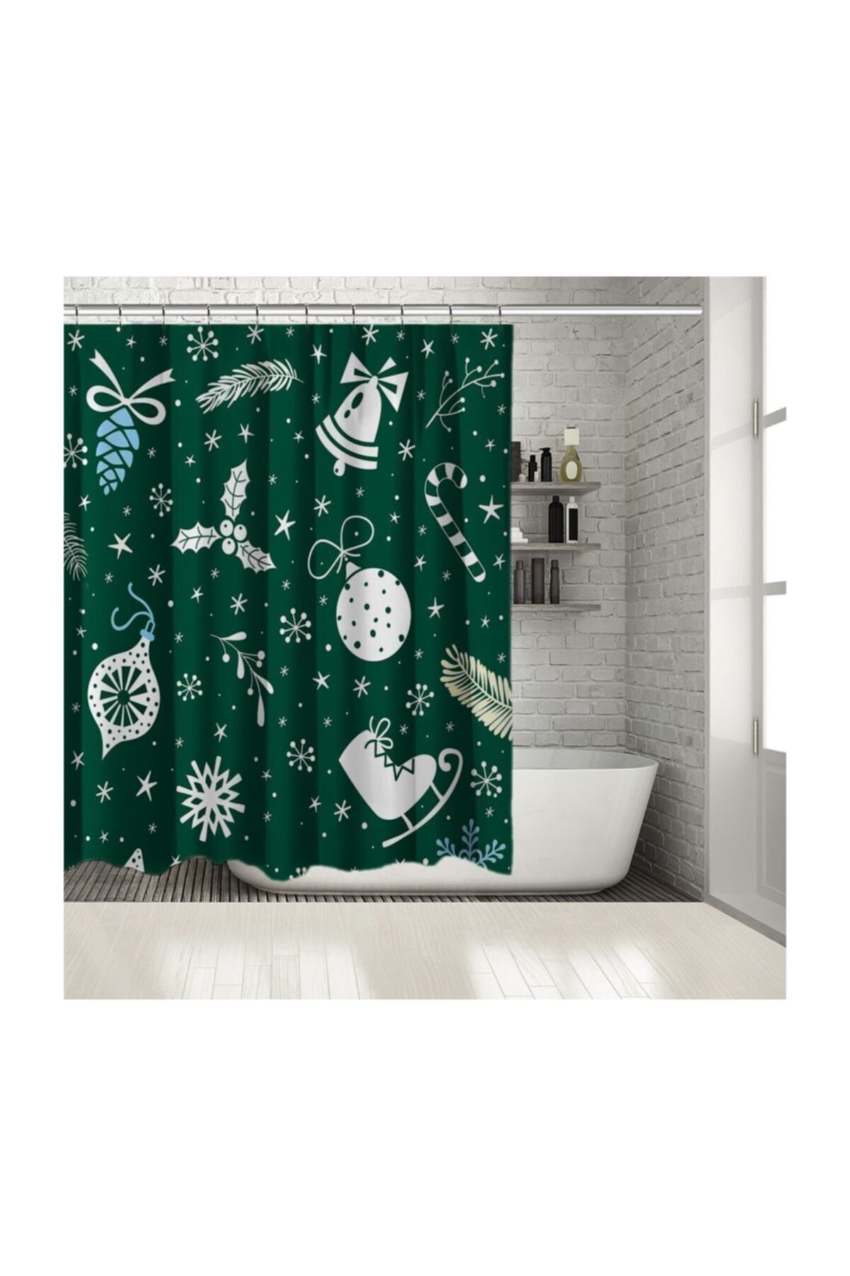 Henge Home Baskılı Duş Perde Yeşil Zeminli Beyaz Çan Noel Süsleri ile Paten ve Dallar