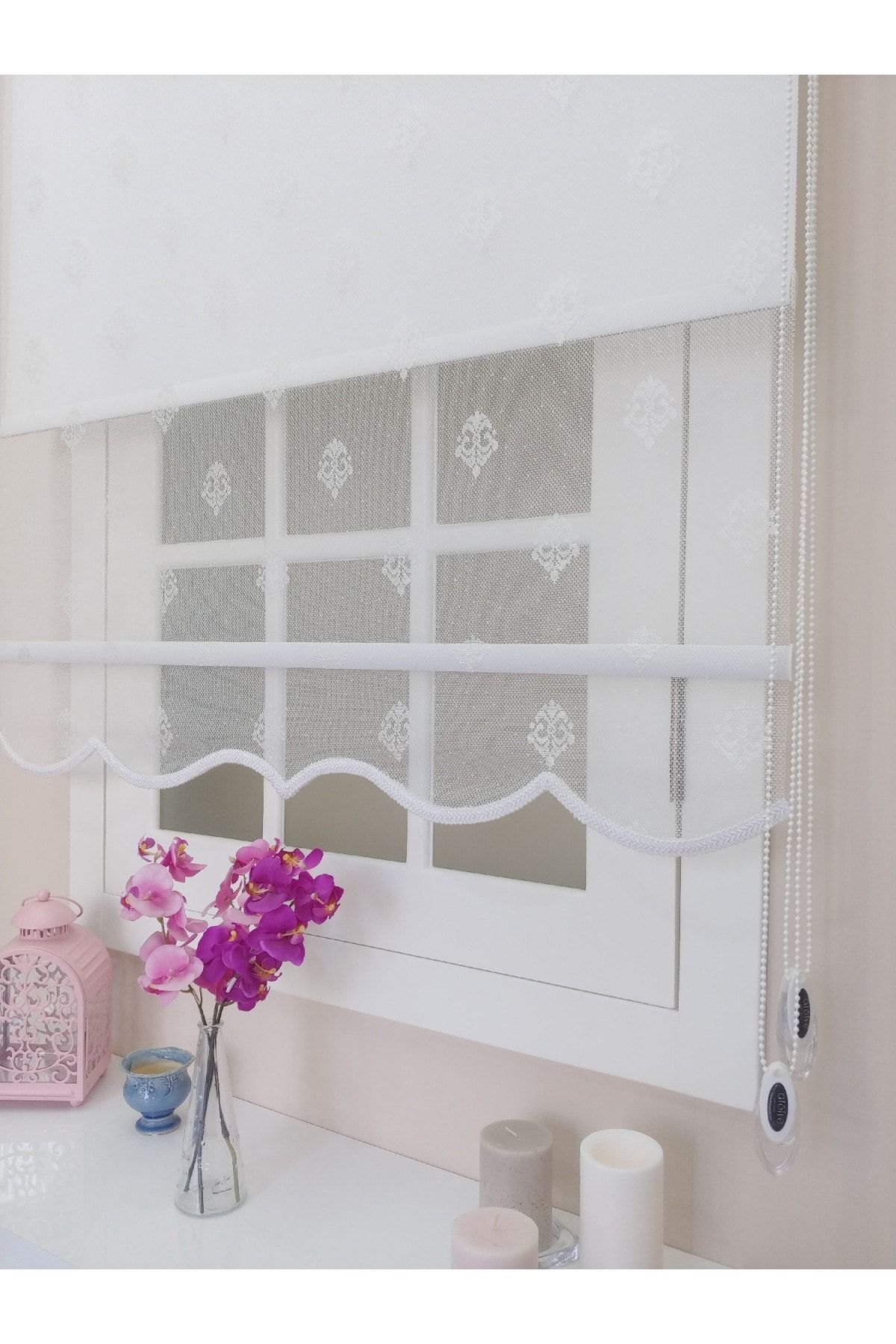 atölyeperde Atölye Perde Çift Mekanizma Beyaz Örme Küçük Damask Desenli Tül+stor