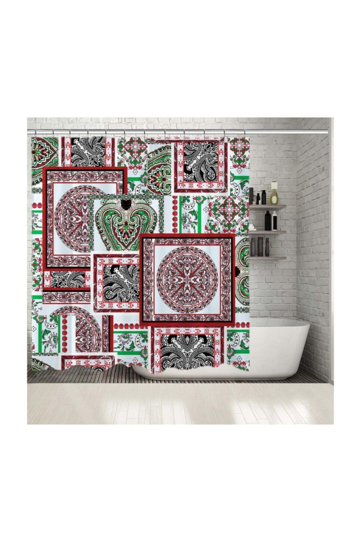 Henge Home Baskılı Duş Perde Etnik Çiçek Geometrik Desenli Yeşil Kırmızı