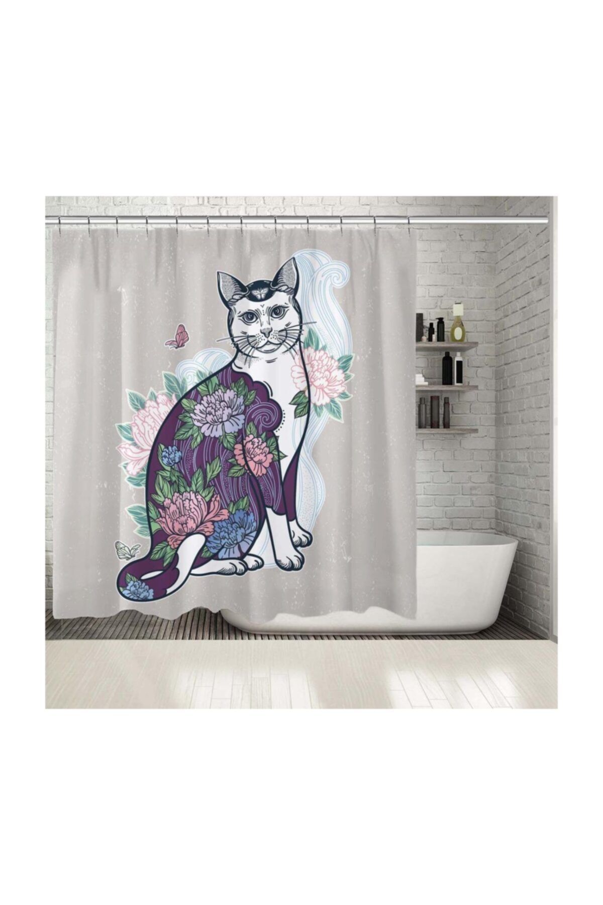 Henge Home Baskılı Duş Perde Çiçek Balık Kedi Gövde Desenli Çok Renkli