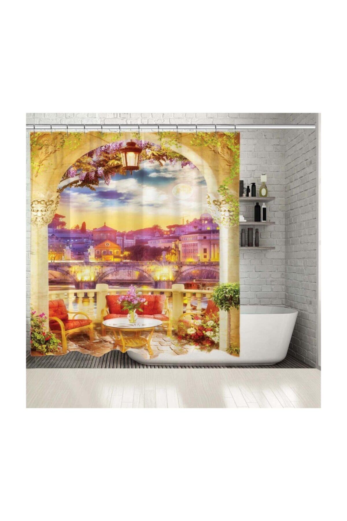 Henge Home Baskılı Duş Perde Romantik Gün Batımı Balkon Manzaralı