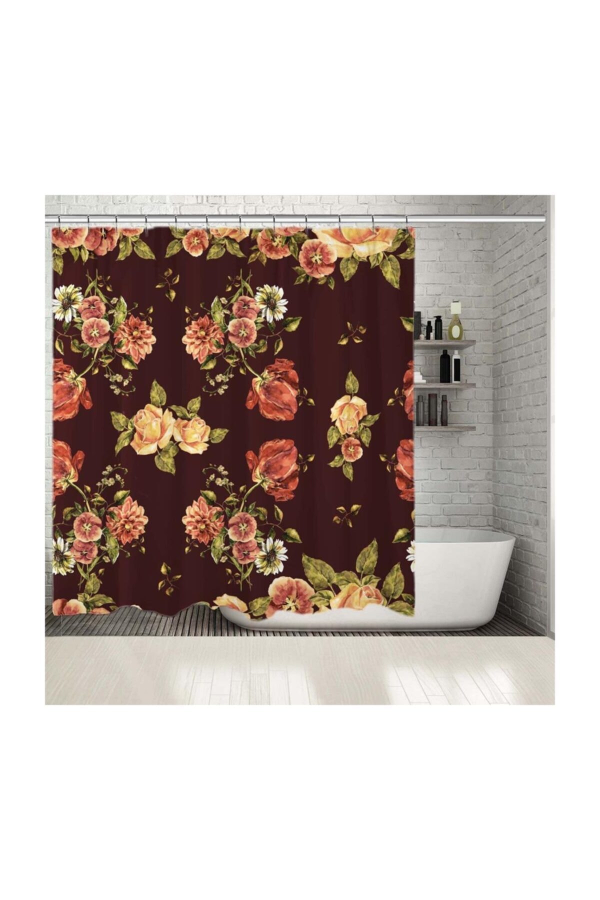 Henge Home Baskılı Duş Perde Sulu Boya Etkili Lale Çiçek Desenli Bordo