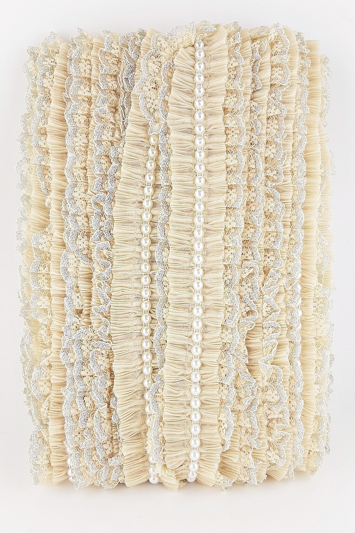 Hobigram Bej Rengi Incili Sim Dantel Plise Fırfır